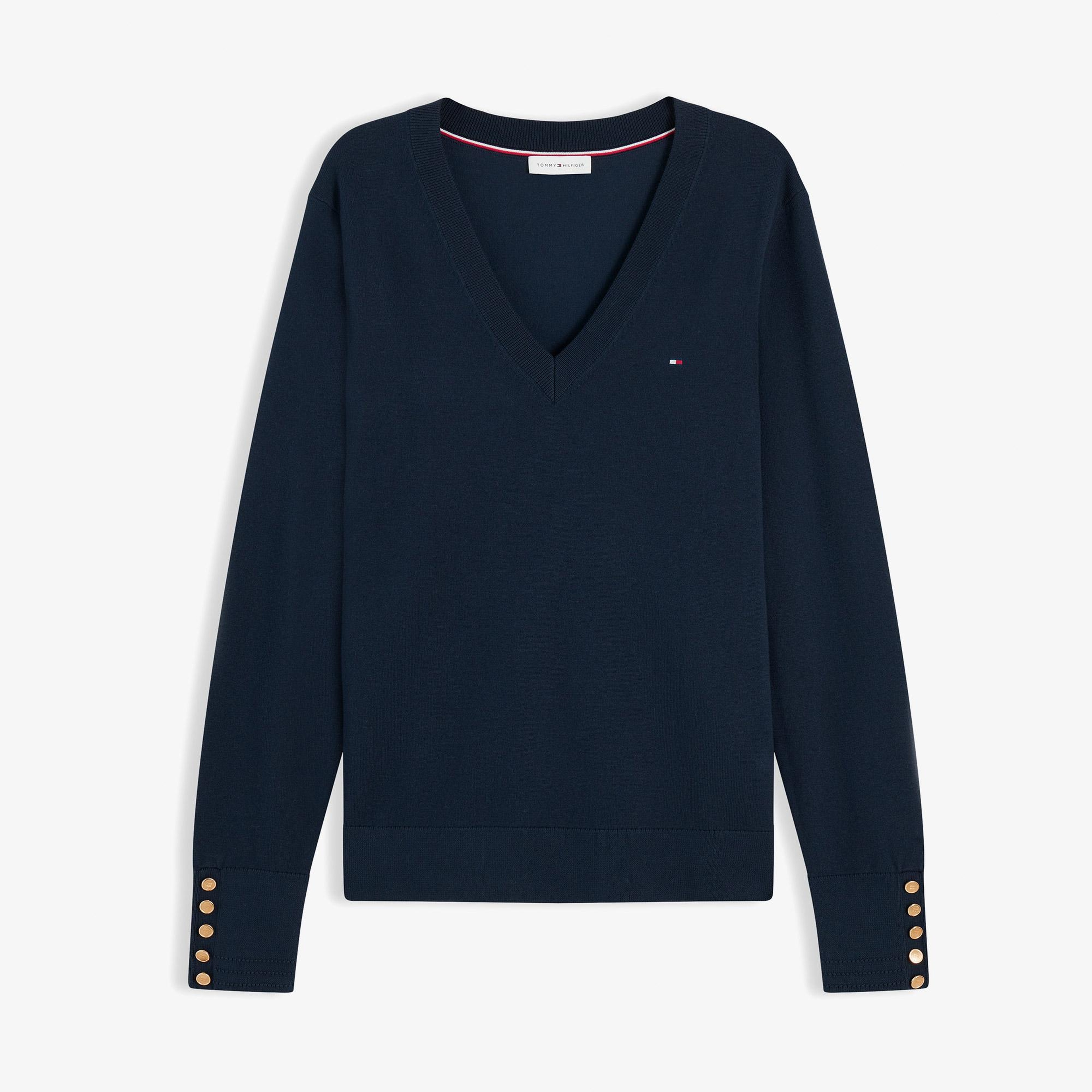 Tommy Hilfiger Stitch V Yaka Kadın Mavi Triko