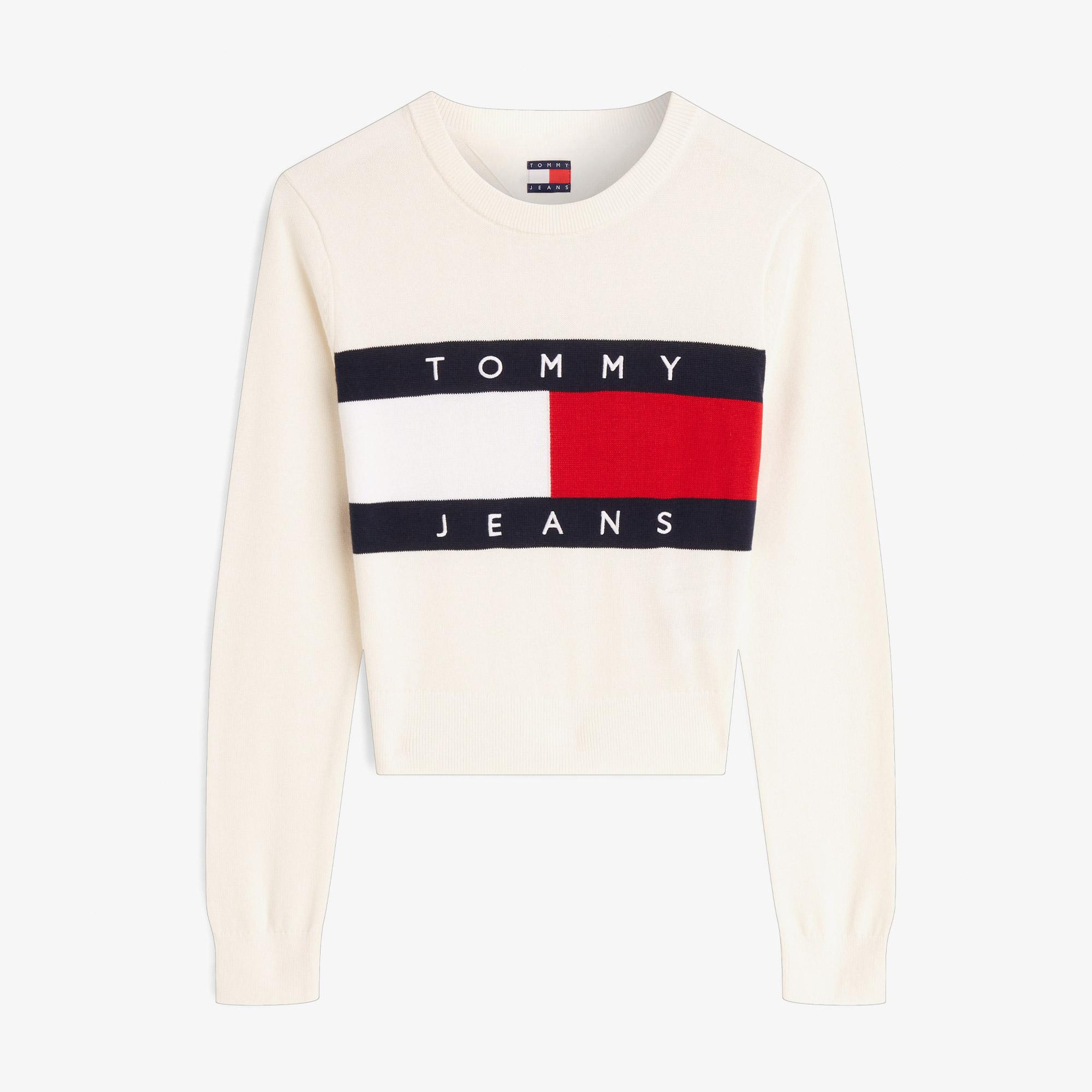 Tommy Hilfiger Flag Crew Neck Kadın Beyaz Triko