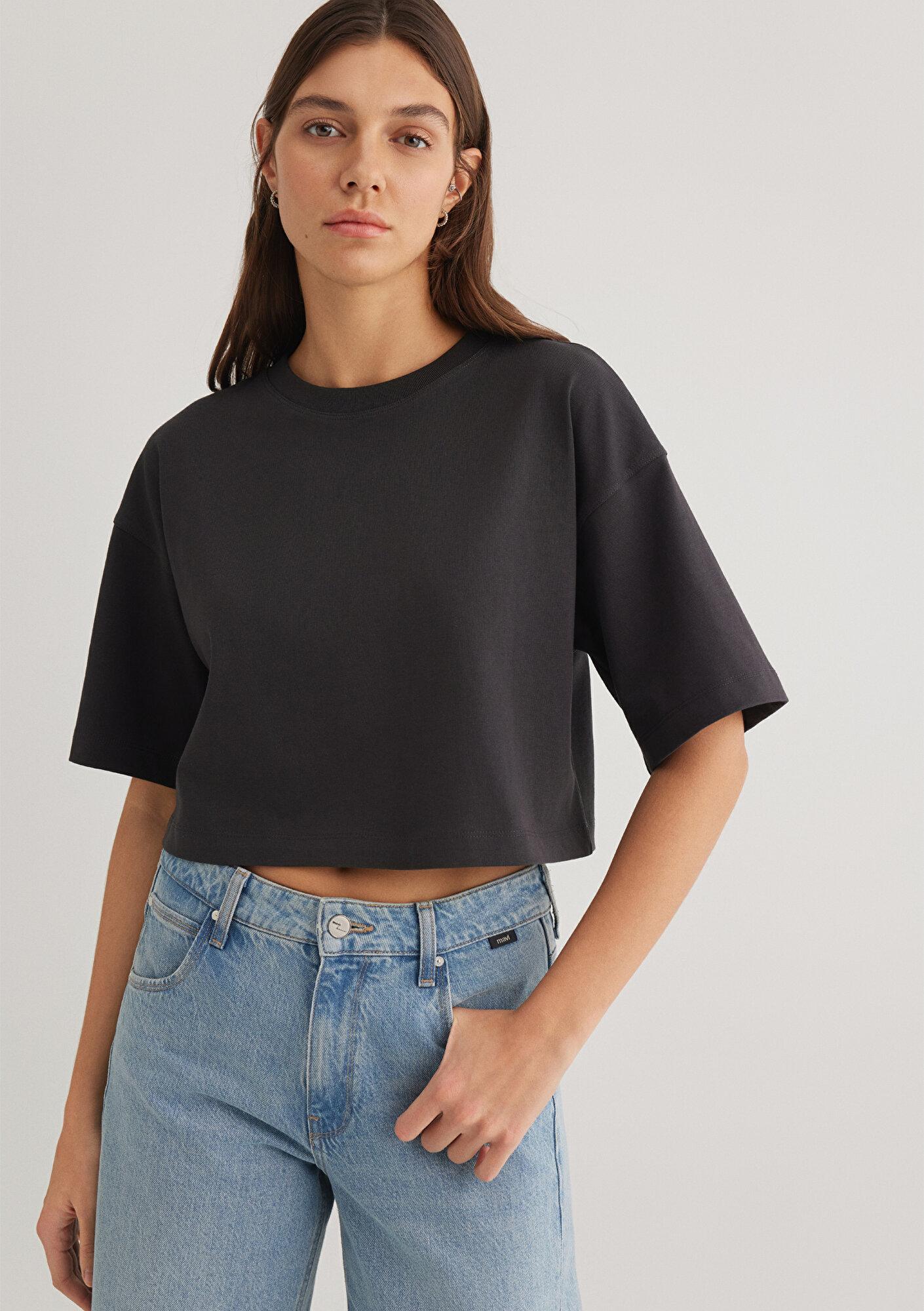 Mavi Antrasit Crop Basic Tişört Crop / Kısa Kesim 1612377-70087