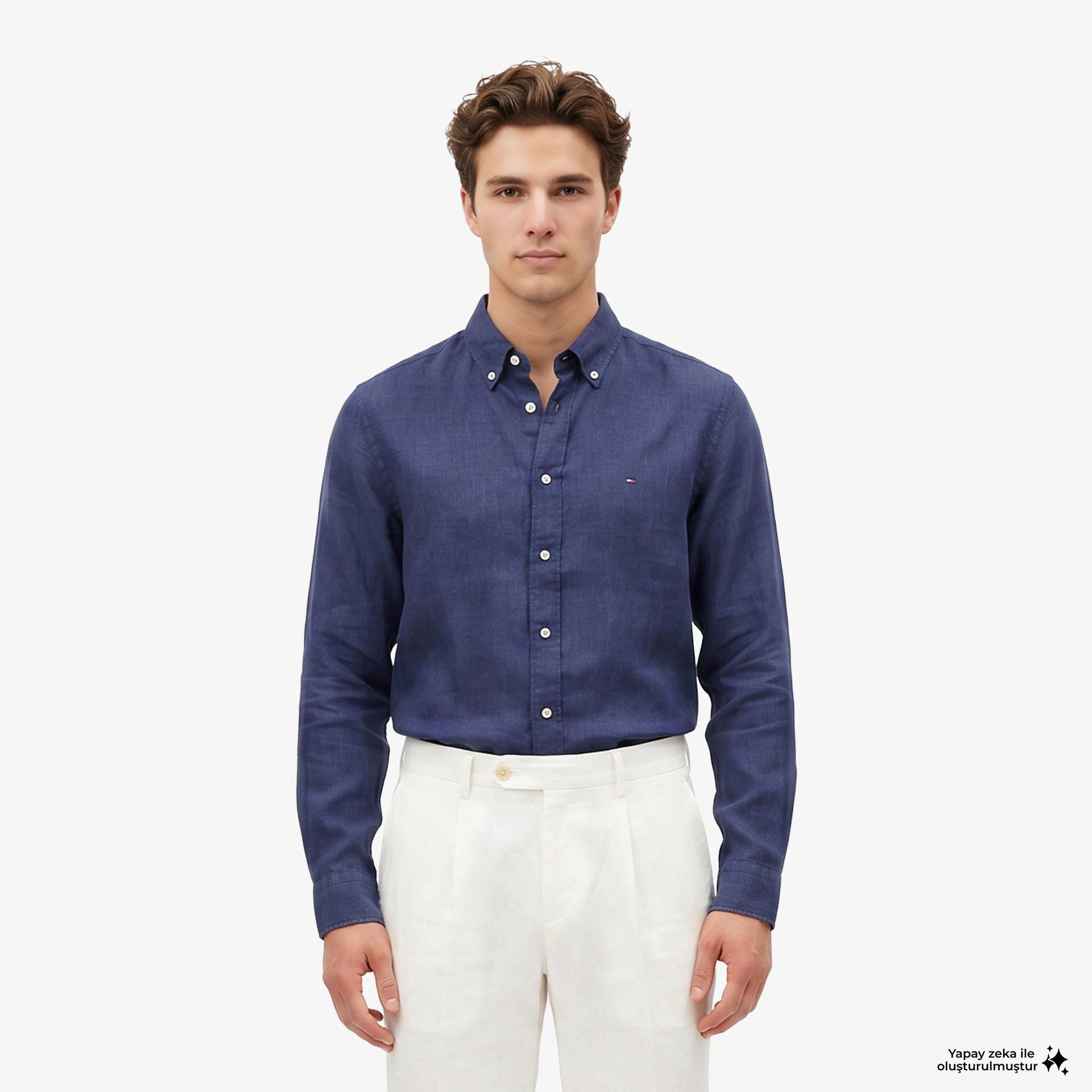 Tommy Hilfiger Seasonal Quality Erkek Lacivert Keten Gömlek