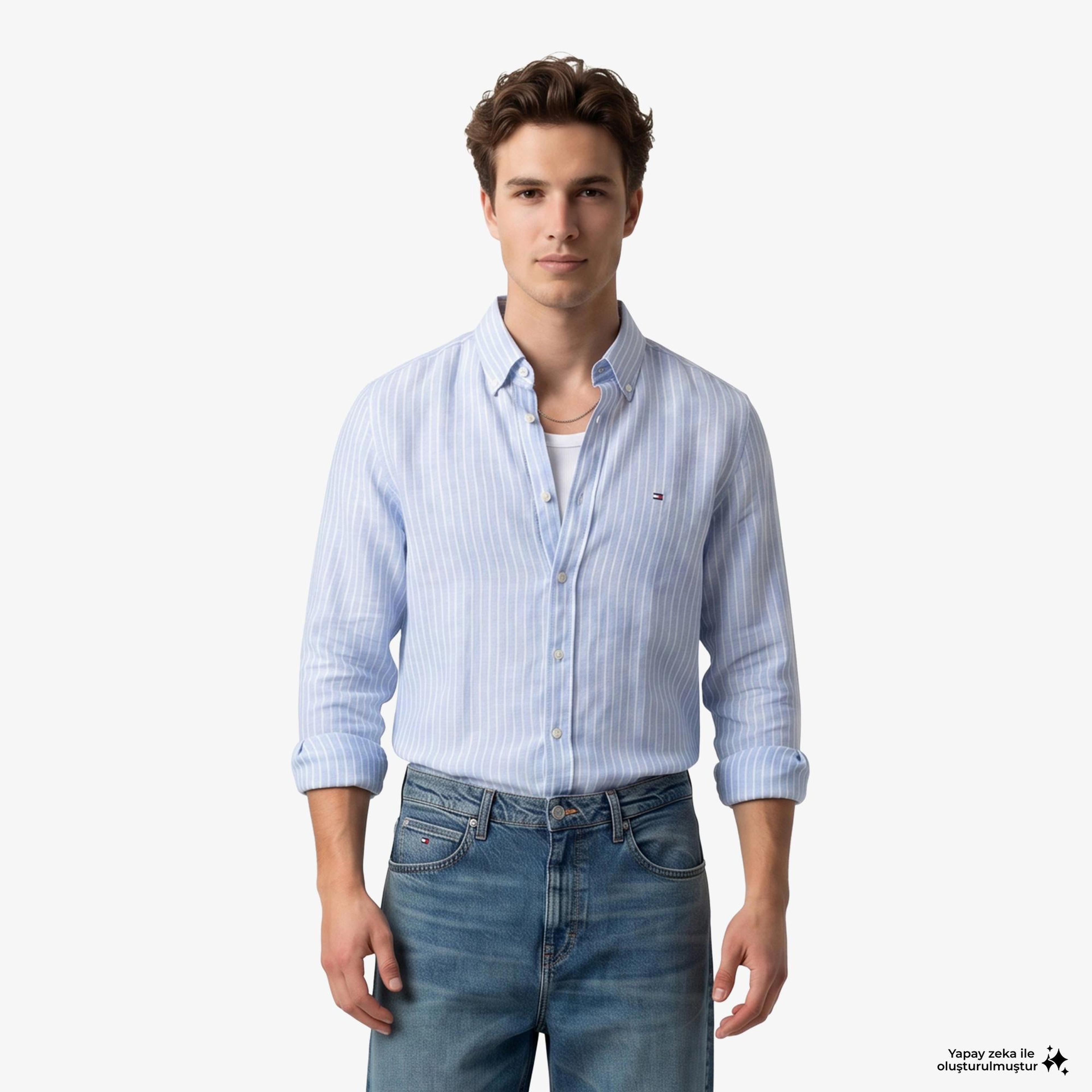 Tommy Hilfiger Seasonal Quality Erkek Mavi Keten Gömlek