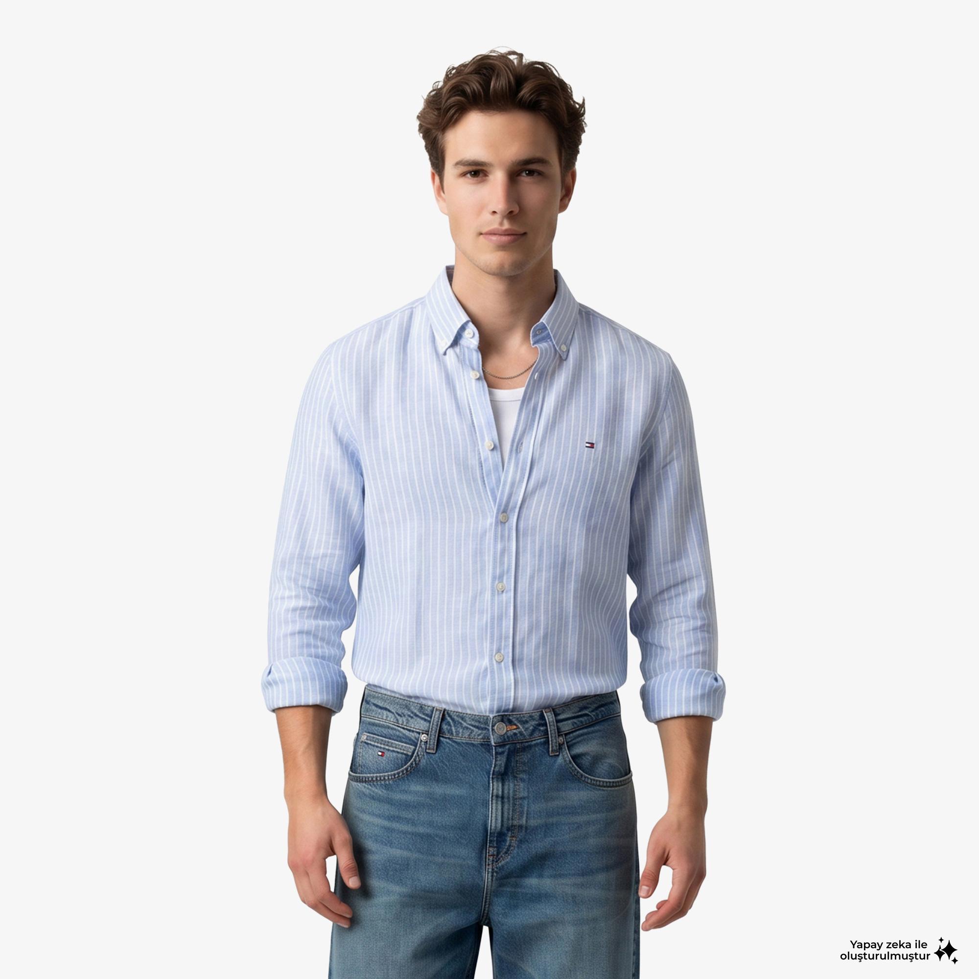 Tommy Hilfiger Seasonal Quality Erkek Mavi Keten Gömlek