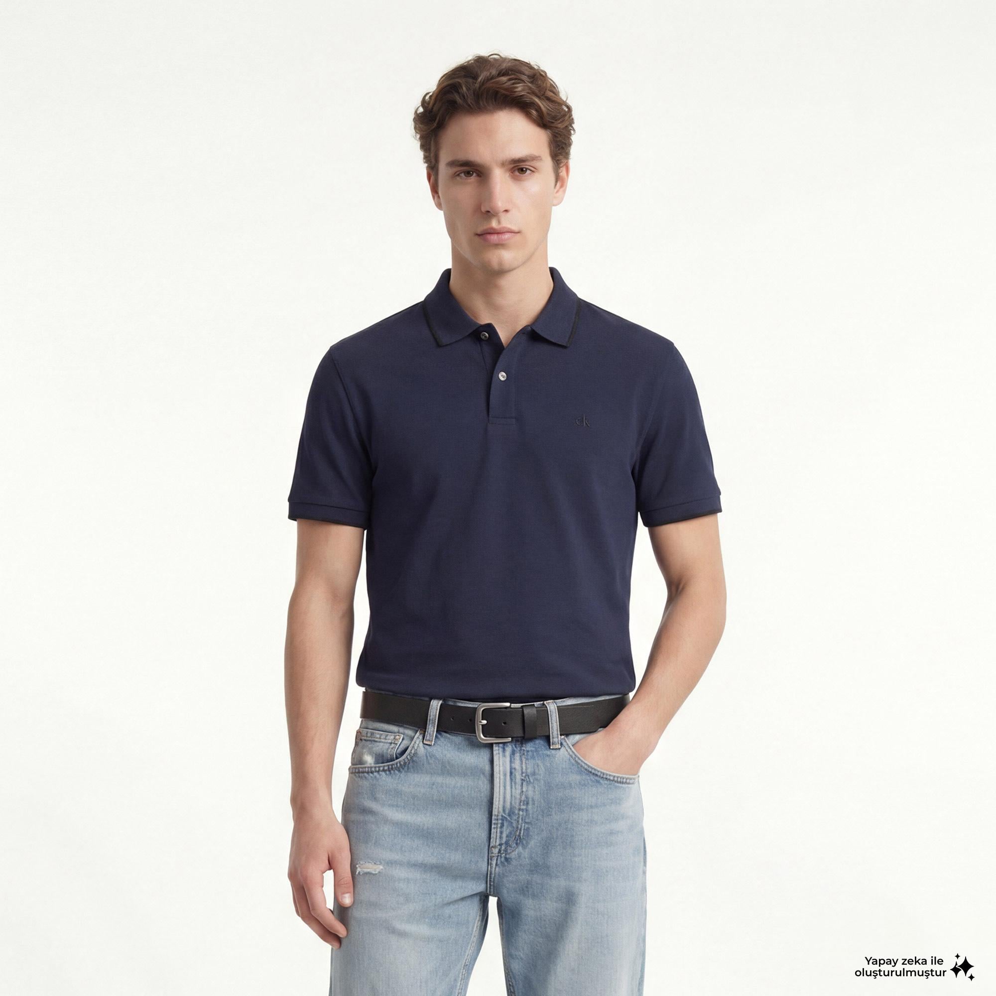 Calvin Klein Refined Pique Tipped Classic Erkek Mavi Polo