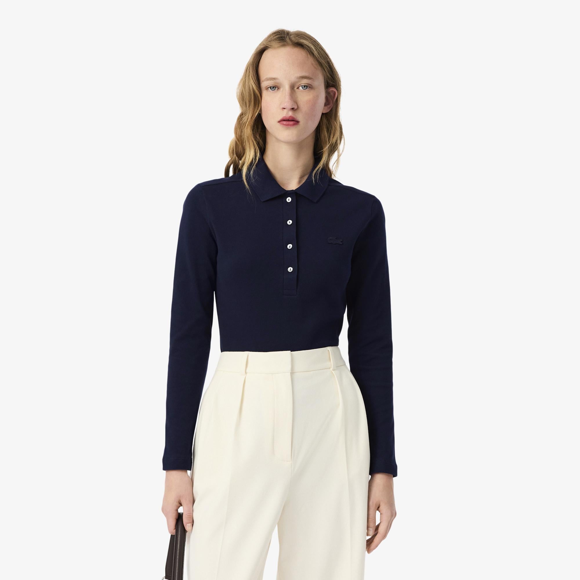 Lacoste Kadın Slim Fit Uzun Kollu Lacivert Polo