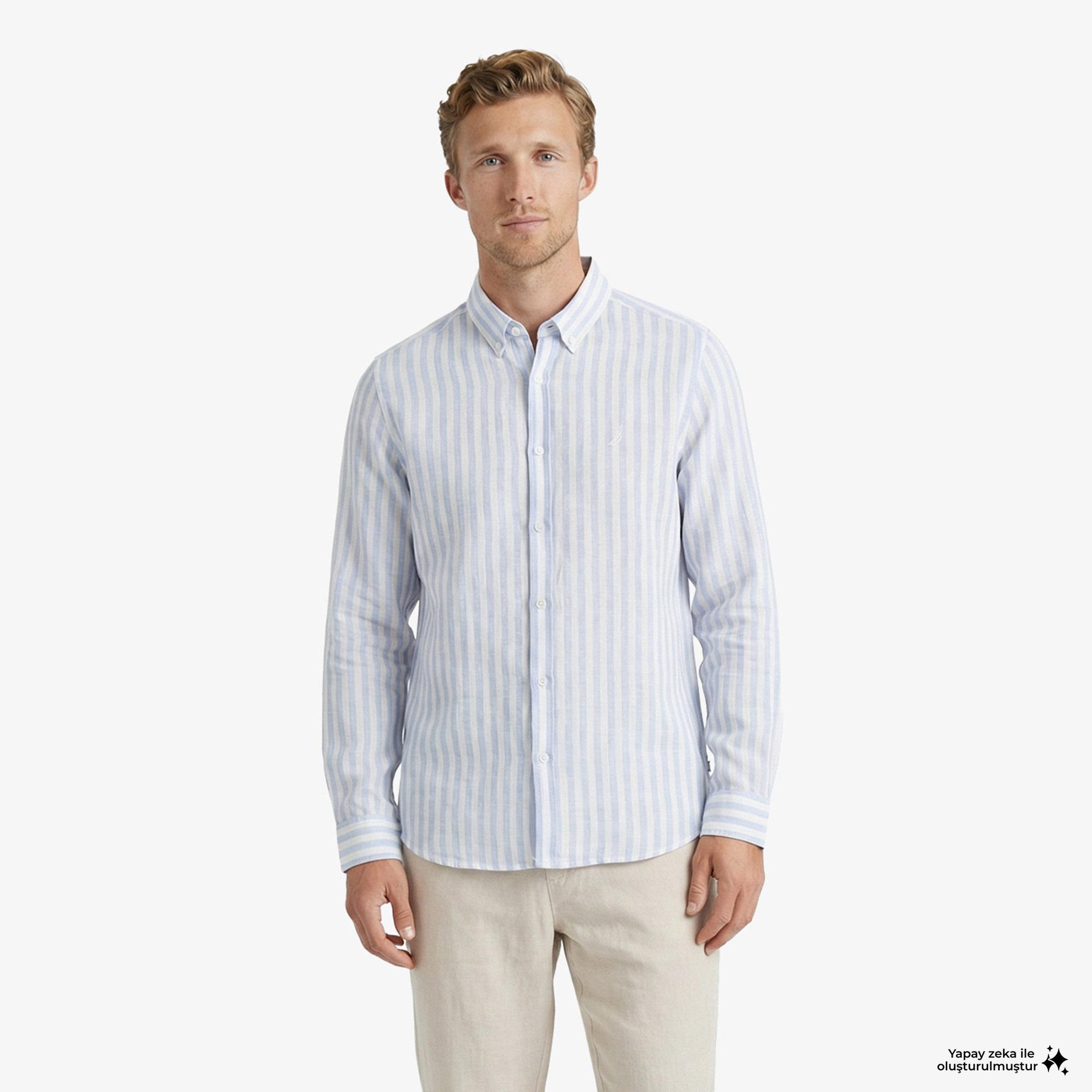 Nautica Erkek Mavi Regular Fit Çizgili Keten Gömlek