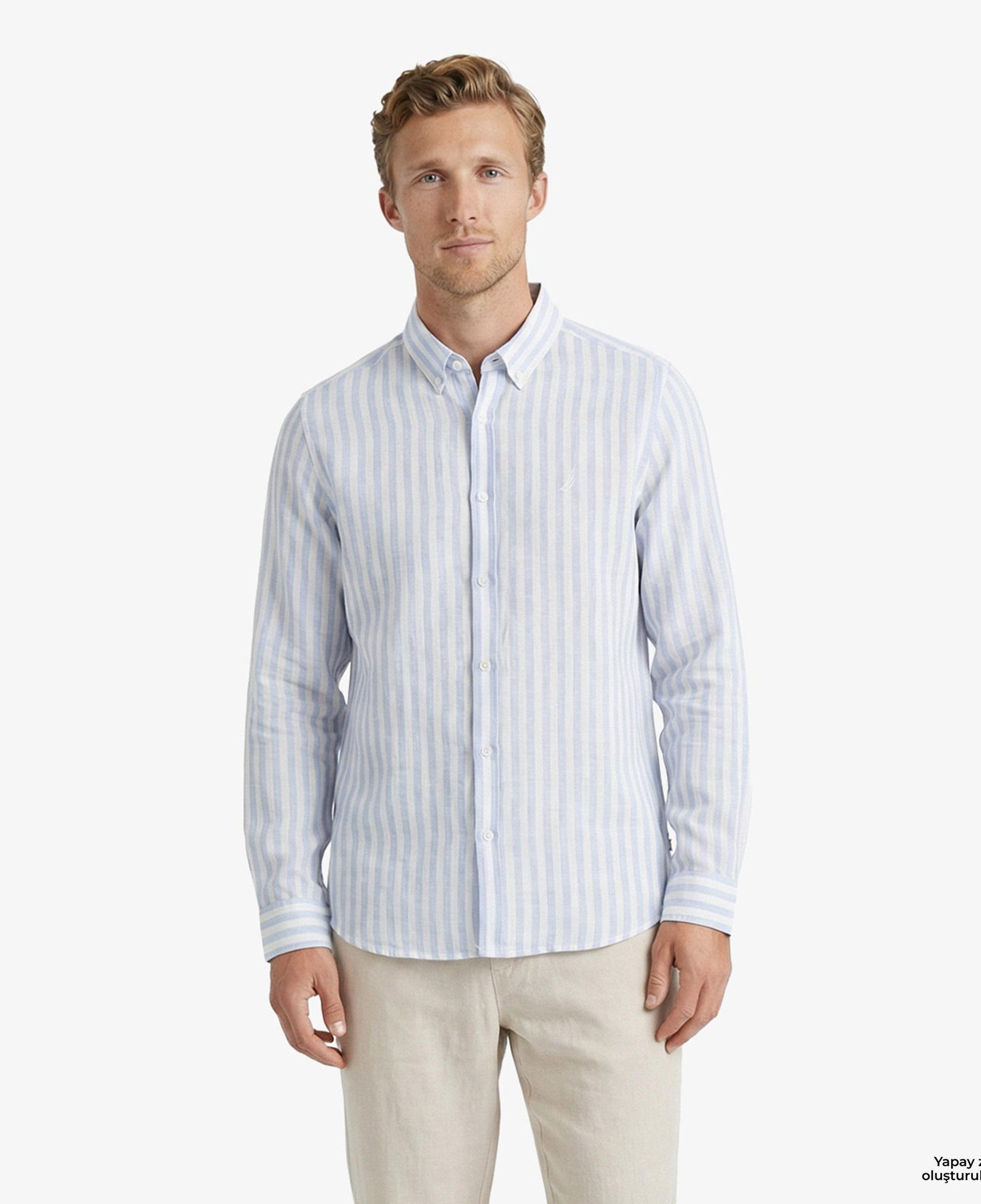 Nautica Erkek Mavi Regular Fit Çizgili Keten Gömlek