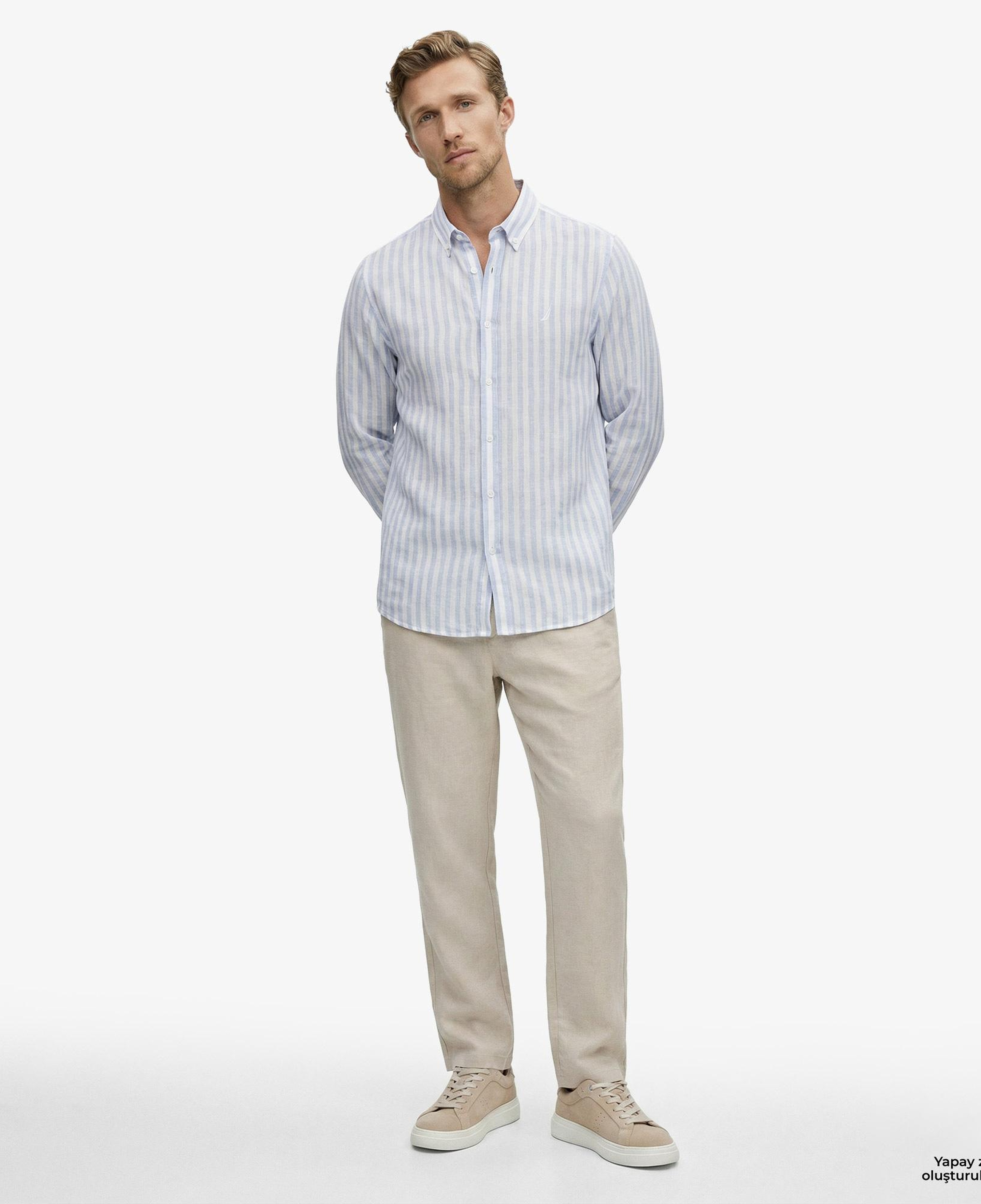 Nautica Erkek Mavi Regular Fit Çizgili Keten Gömlek