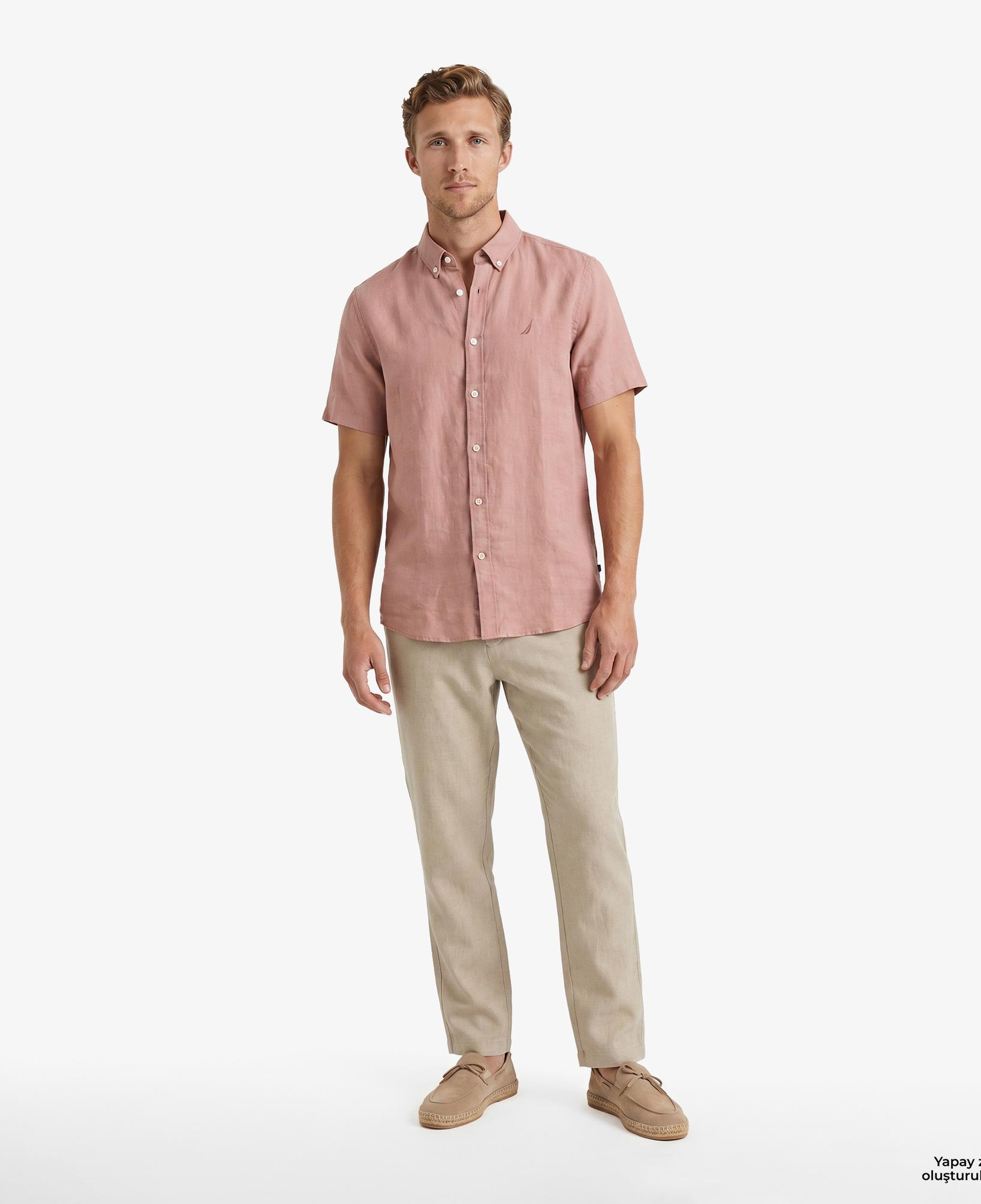 Nautica Erkek Kırmızı Regular Fit Kısa Kollu Keten Gömlek