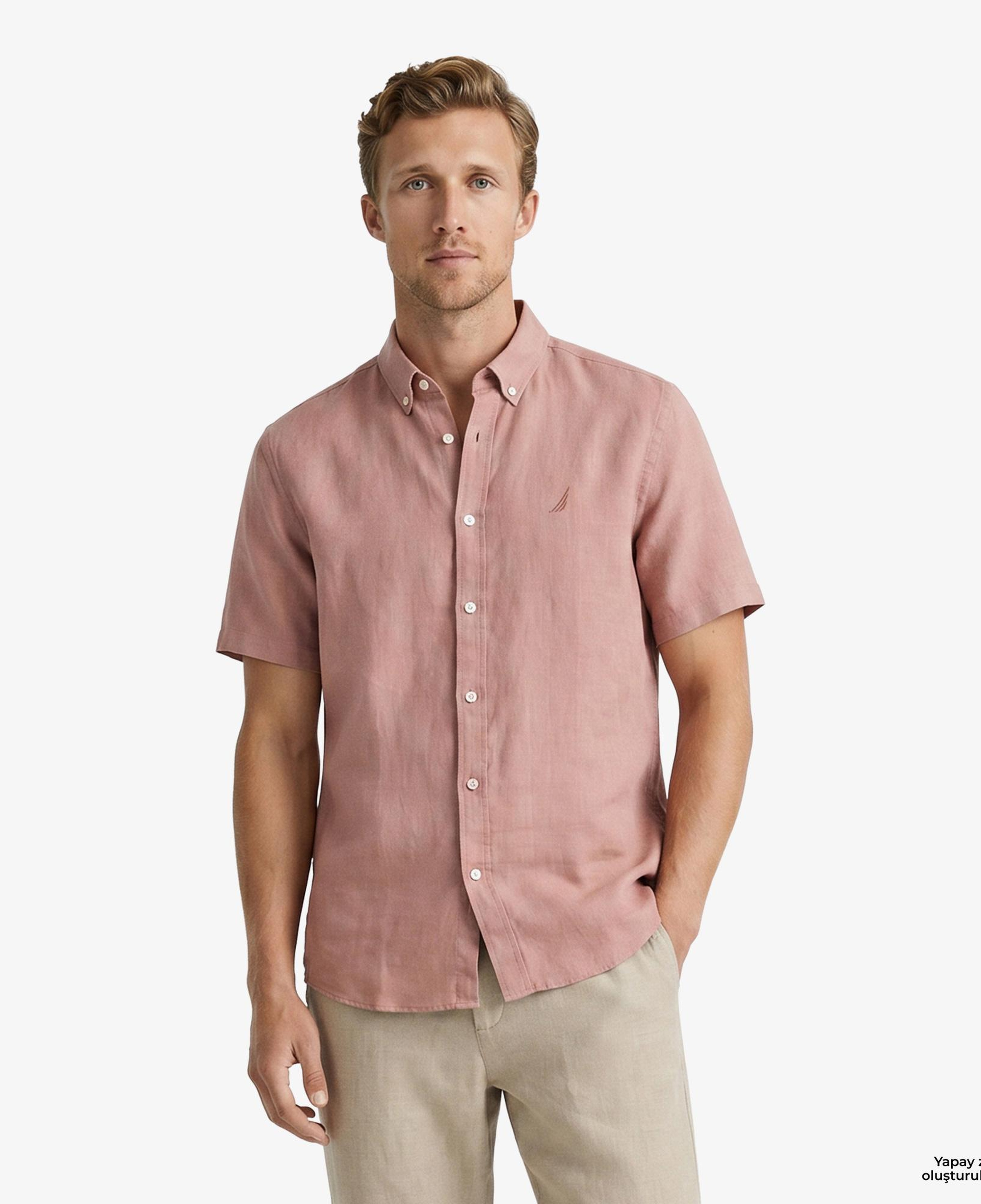 Nautica Erkek Kırmızı Regular Fit Kısa Kollu Keten Gömlek