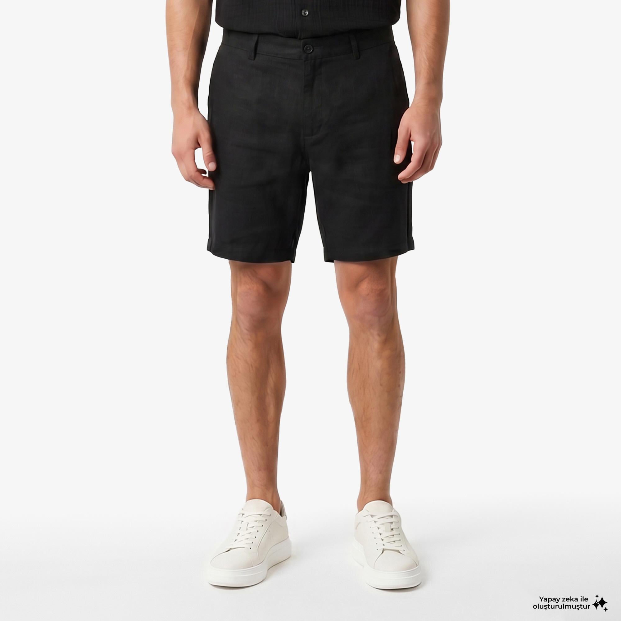Nautica Erkek Siyah Regular Fit Keten Şort