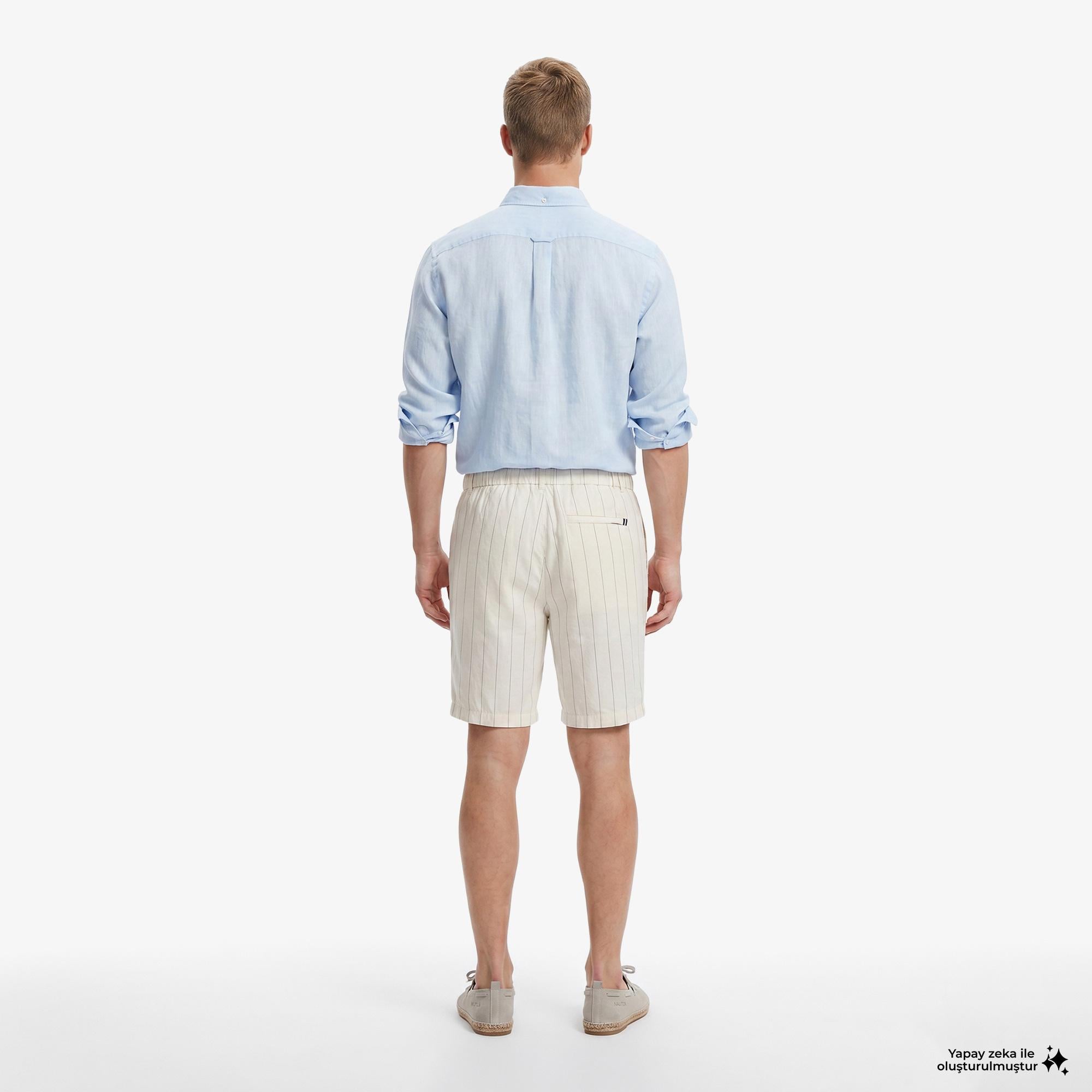 Nautica Erkek Krem Regular Fit Çizgili Keten Şort