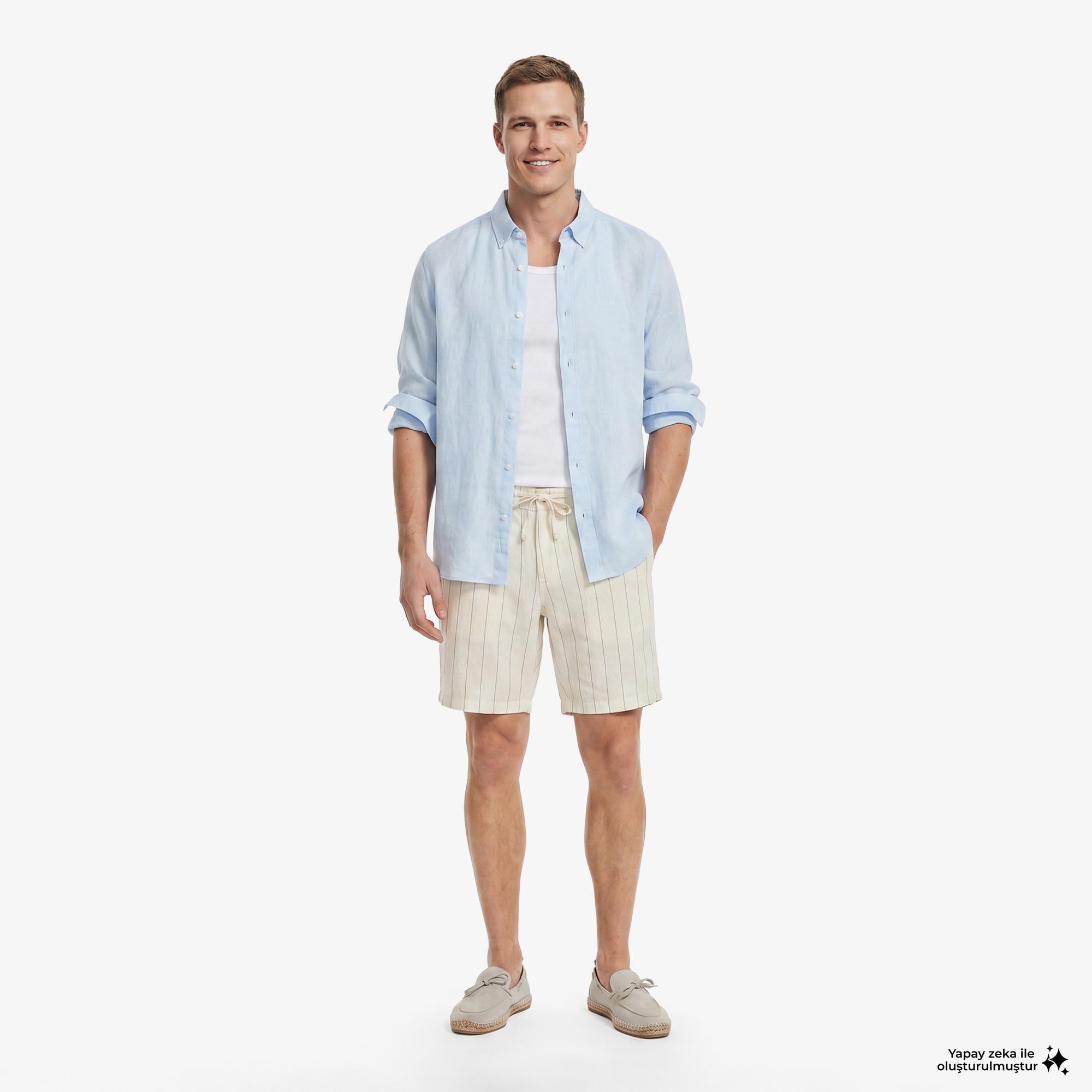Nautica Erkek Krem Regular Fit Çizgili Keten Şort