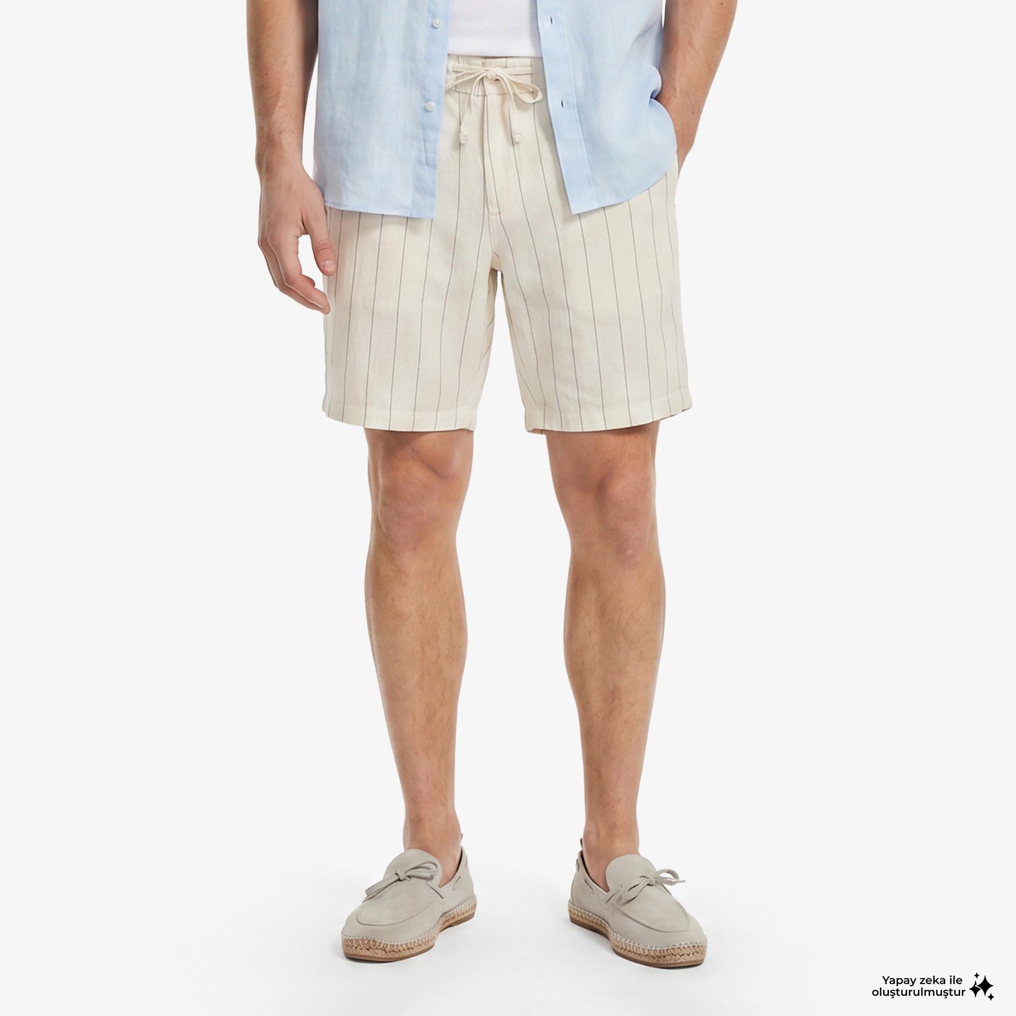 Nautica Erkek Krem Regular Fit Çizgili Keten Şort