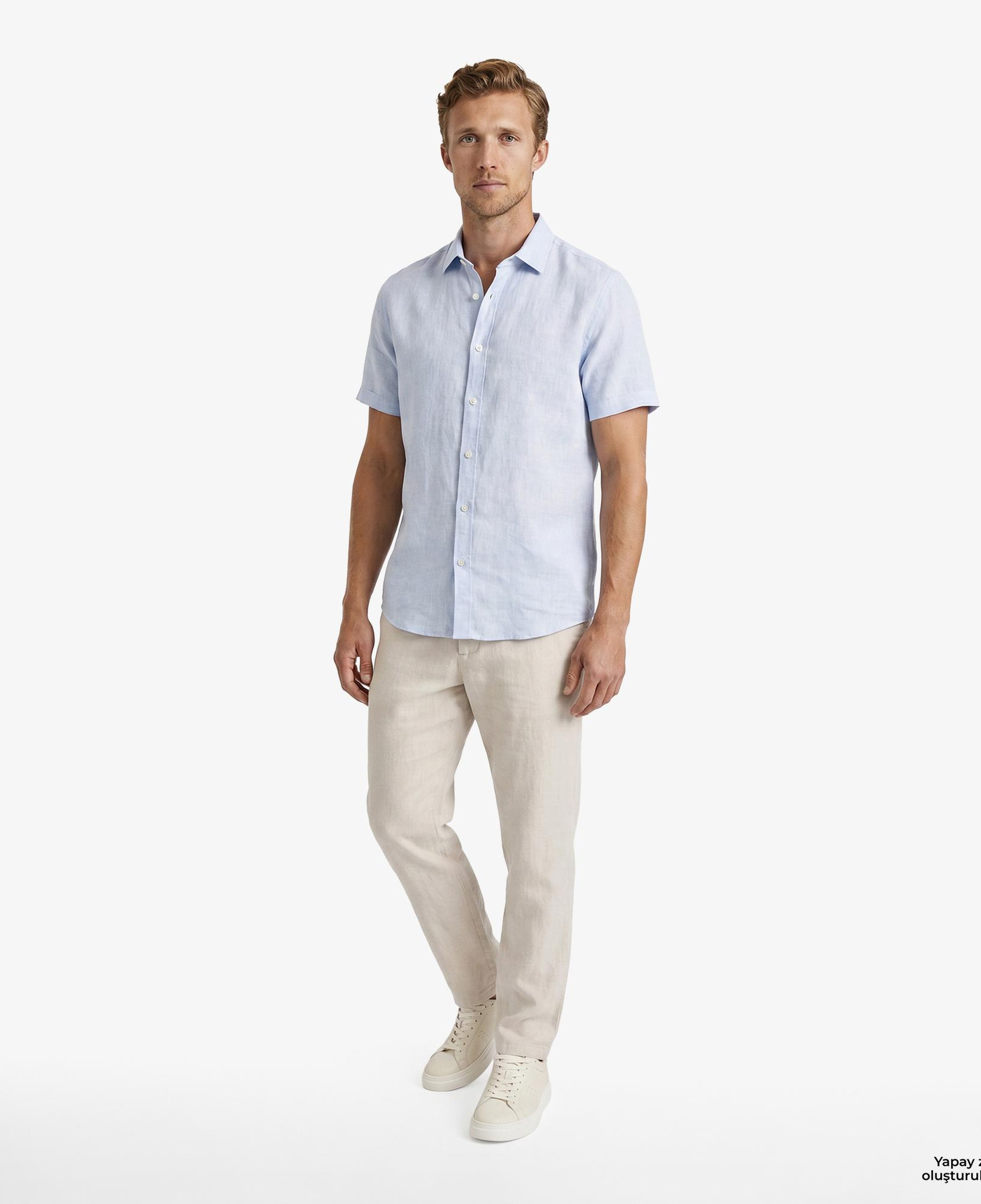 Nautica Erkek Mavi Regular Fit Kısa Kollu Keten Gömlek