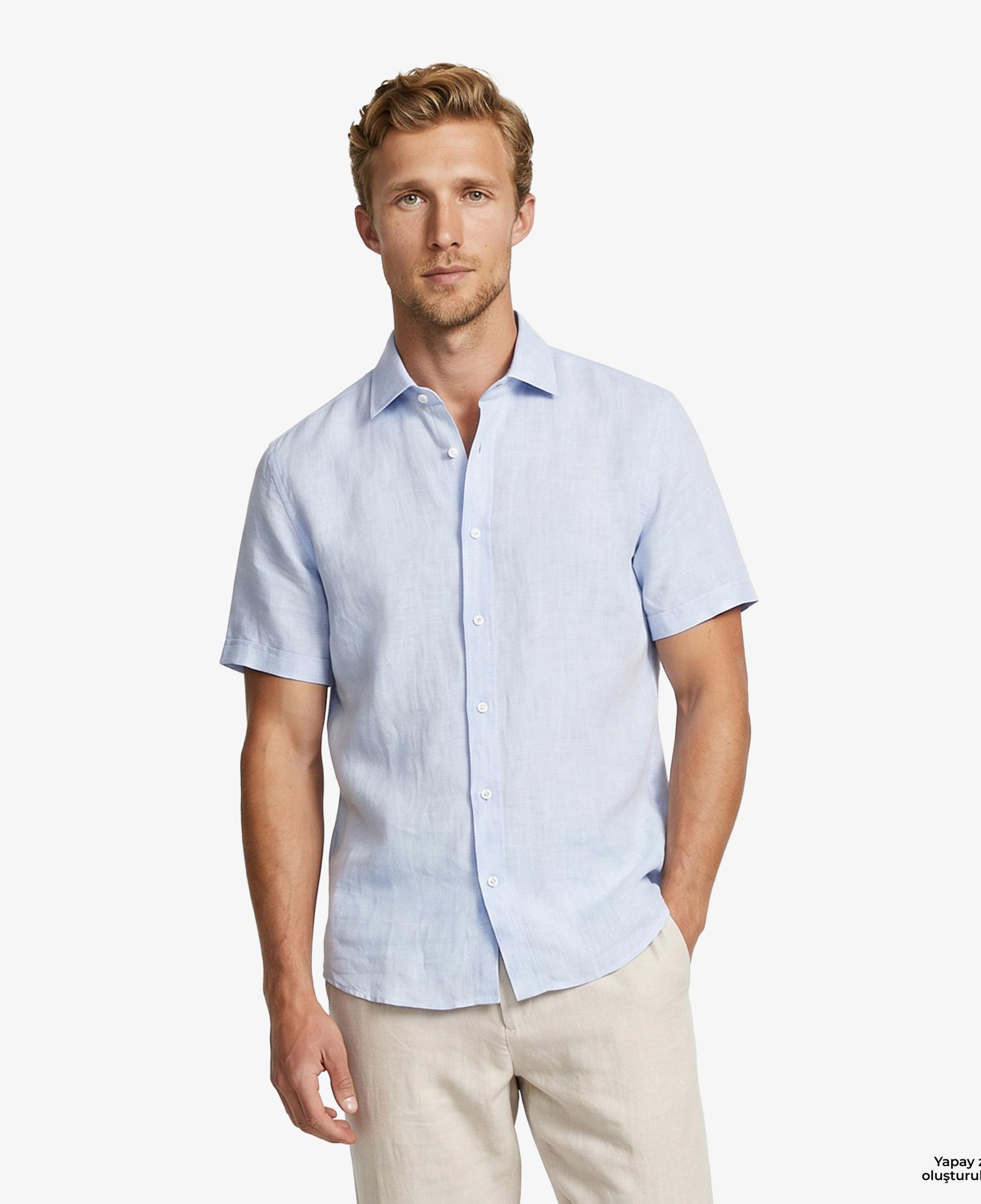 Nautica Erkek Mavi Regular Fit Kısa Kollu Keten Gömlek