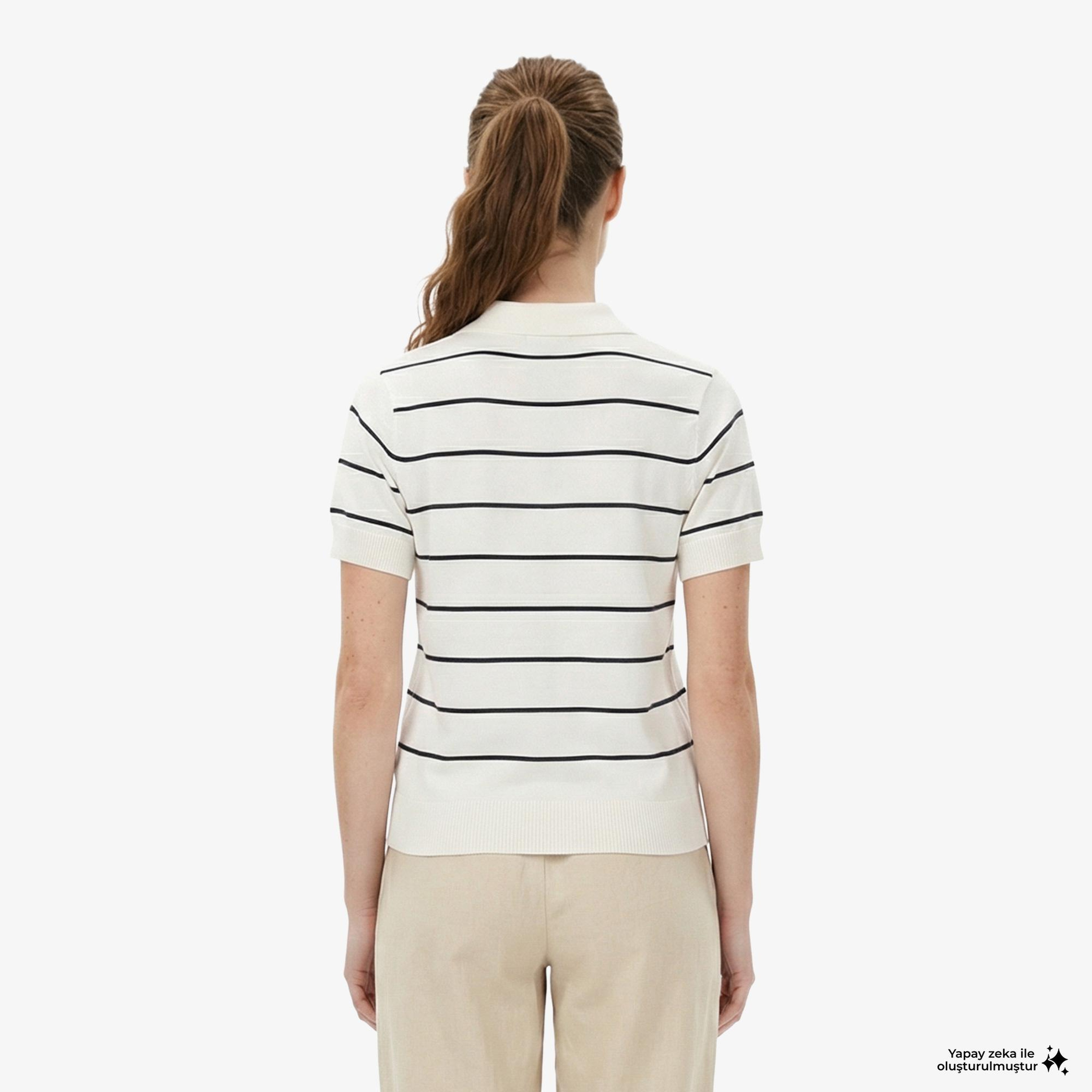 Nautica Kadın Beyaz Regular Fit Çizgili Triko Polo Yaka T-Shirt