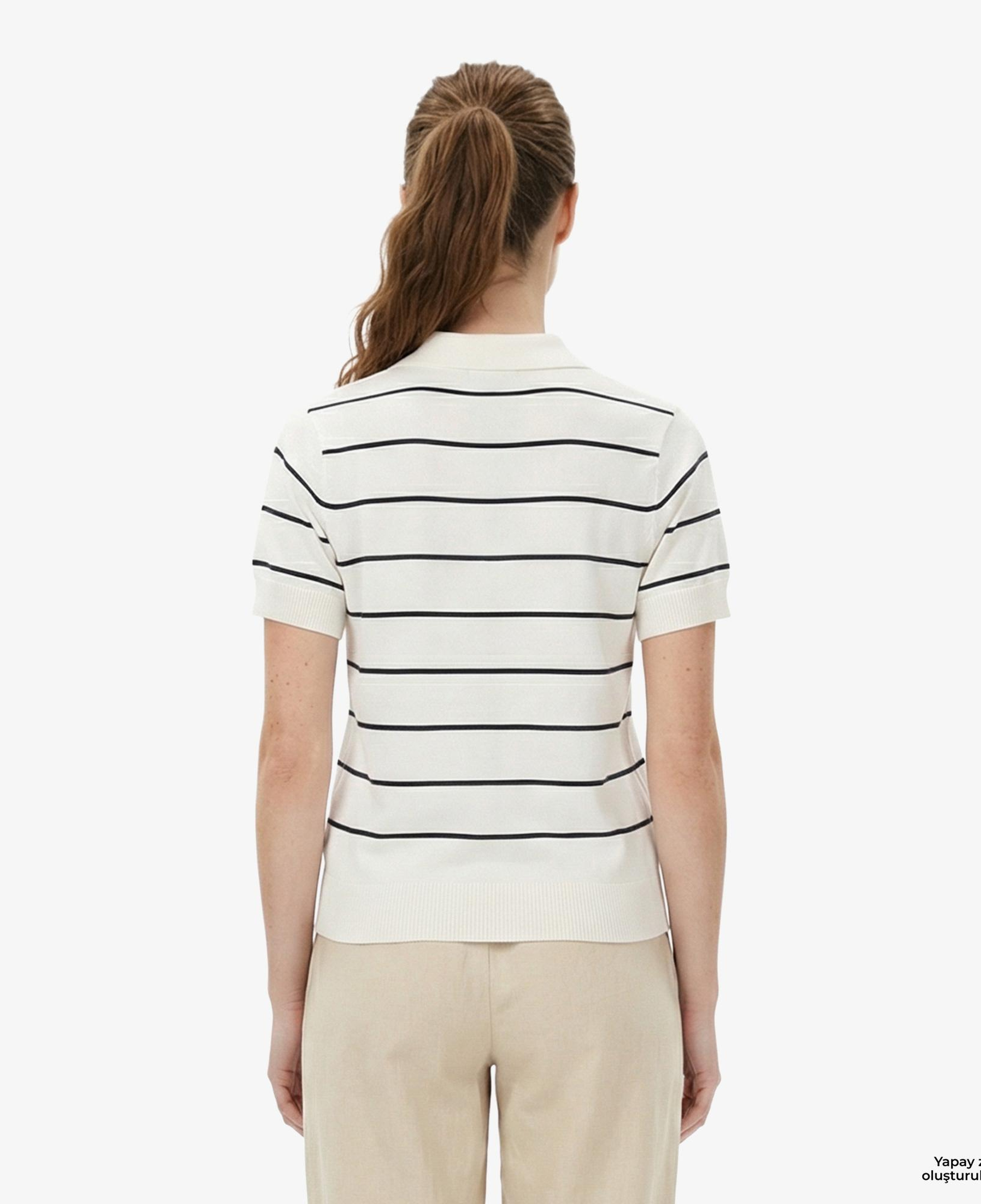 Nautica Kadın Beyaz Regular Fit Çizgili Triko Polo Yaka T-Shirt