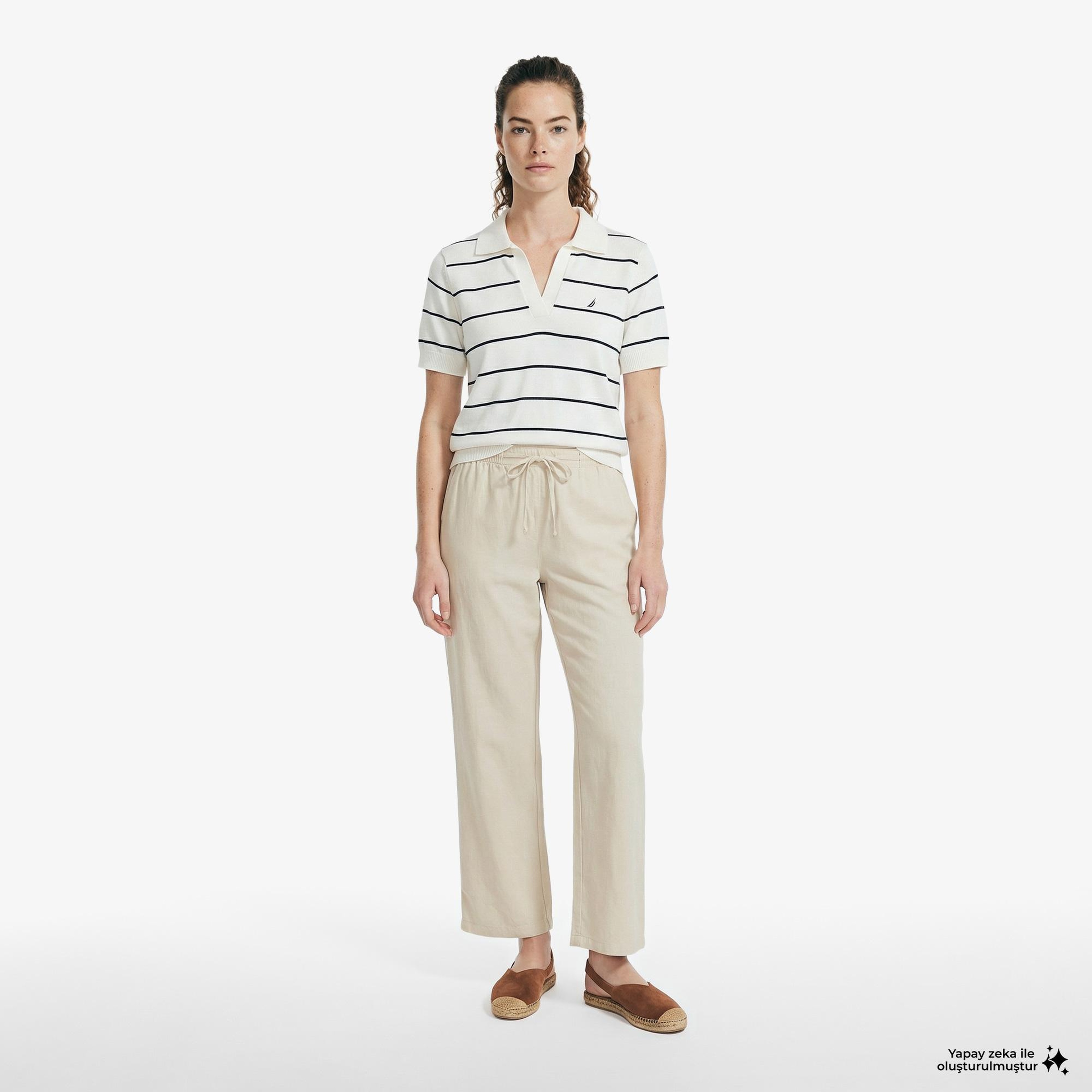 Nautica Kadın Beyaz Regular Fit Çizgili Triko Polo Yaka T-Shirt