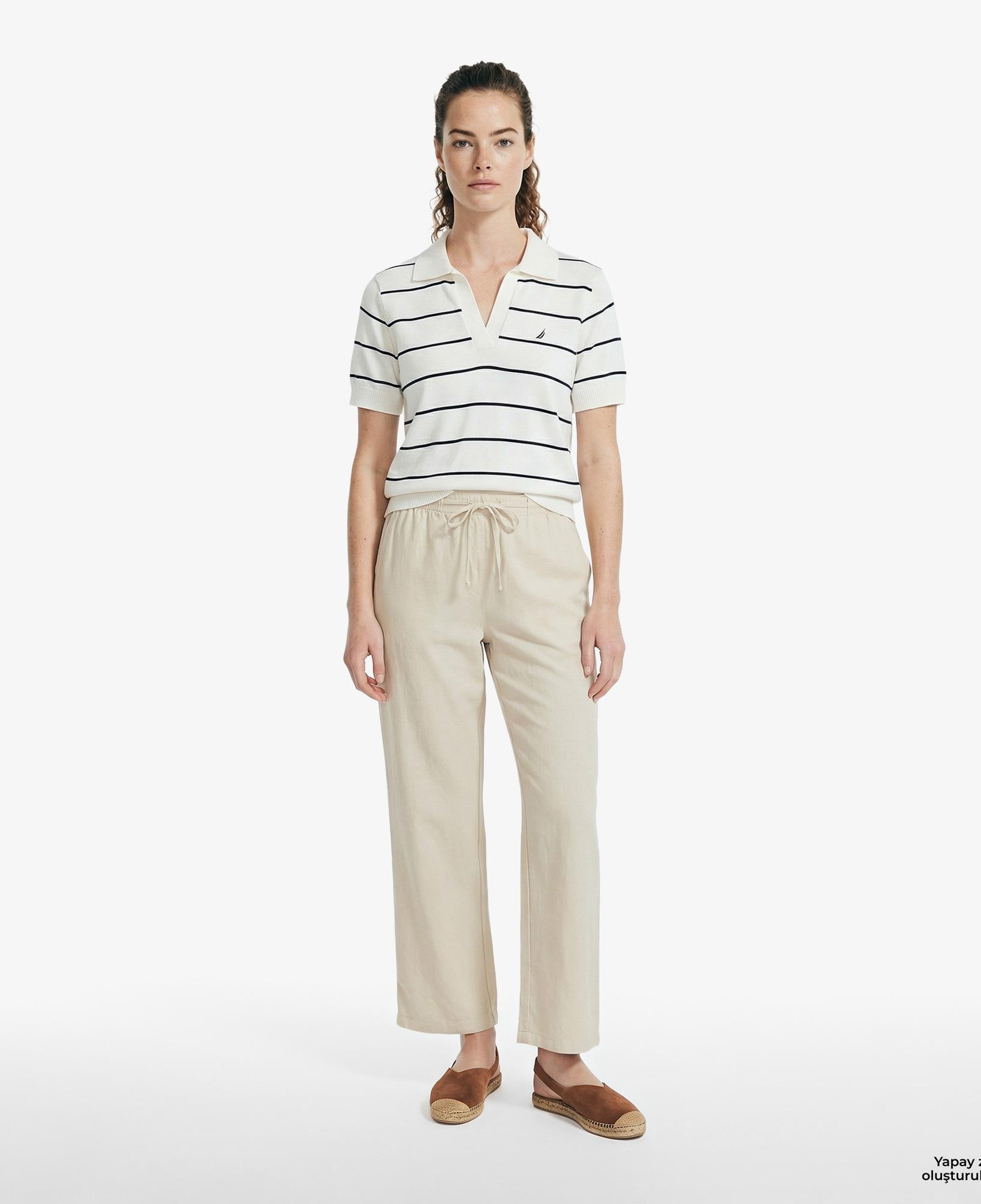 Nautica Kadın Beyaz Regular Fit Çizgili Triko Polo Yaka T-Shirt