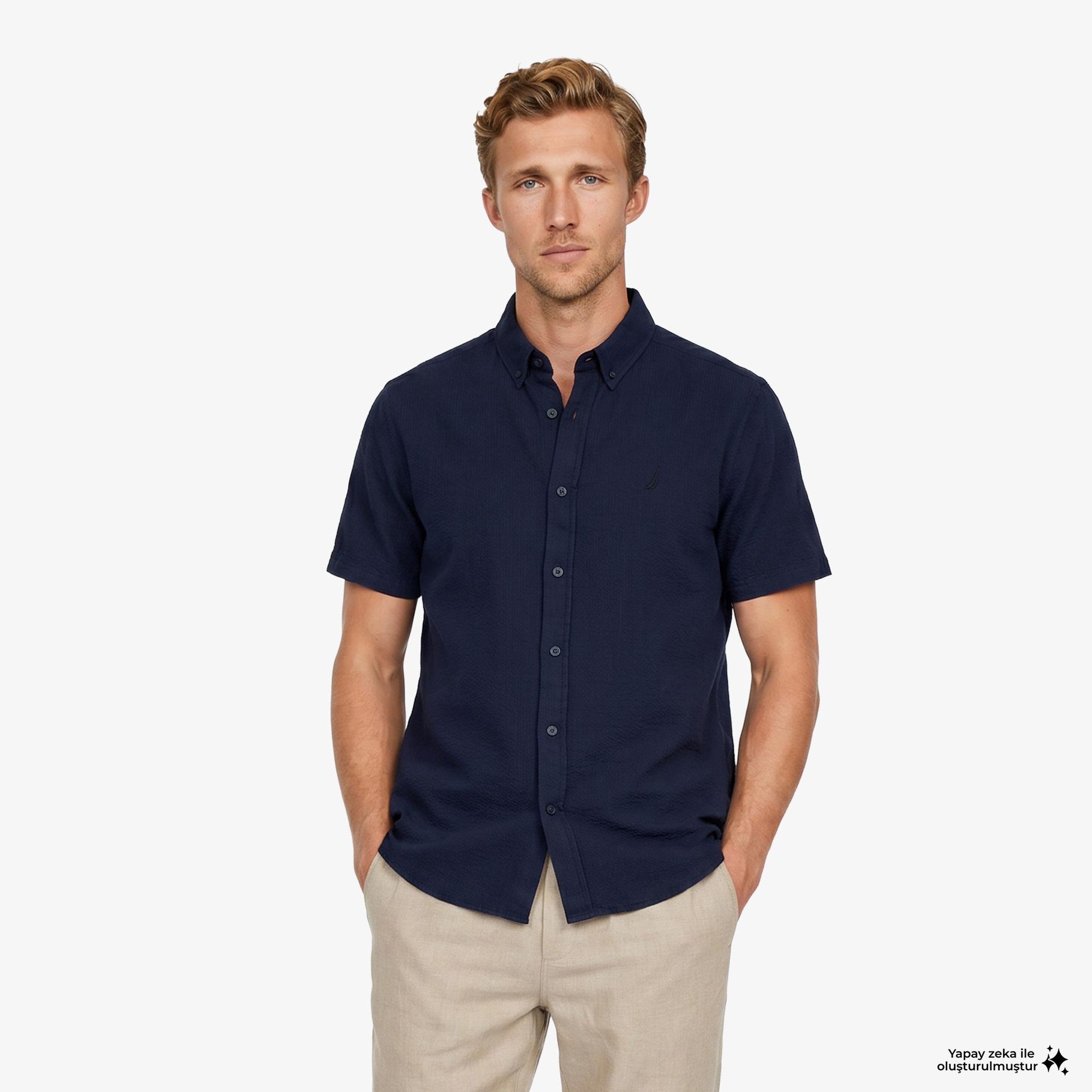 Nautica Erkek Lacivert Regular Fit Kısa Kollu Gömlek