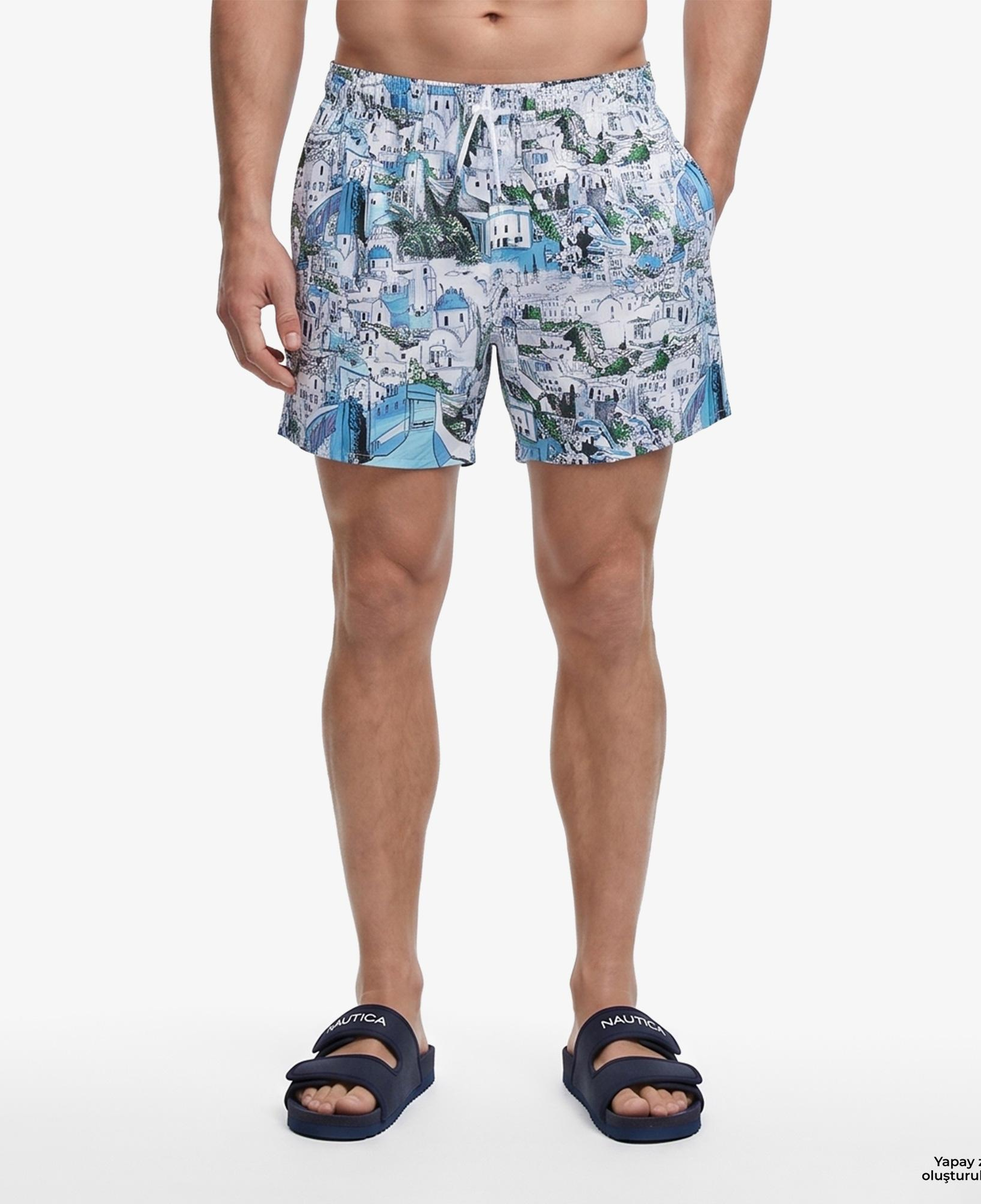 Nautica Erkek Mavi Regular Fit Desenli Deniz Şortu