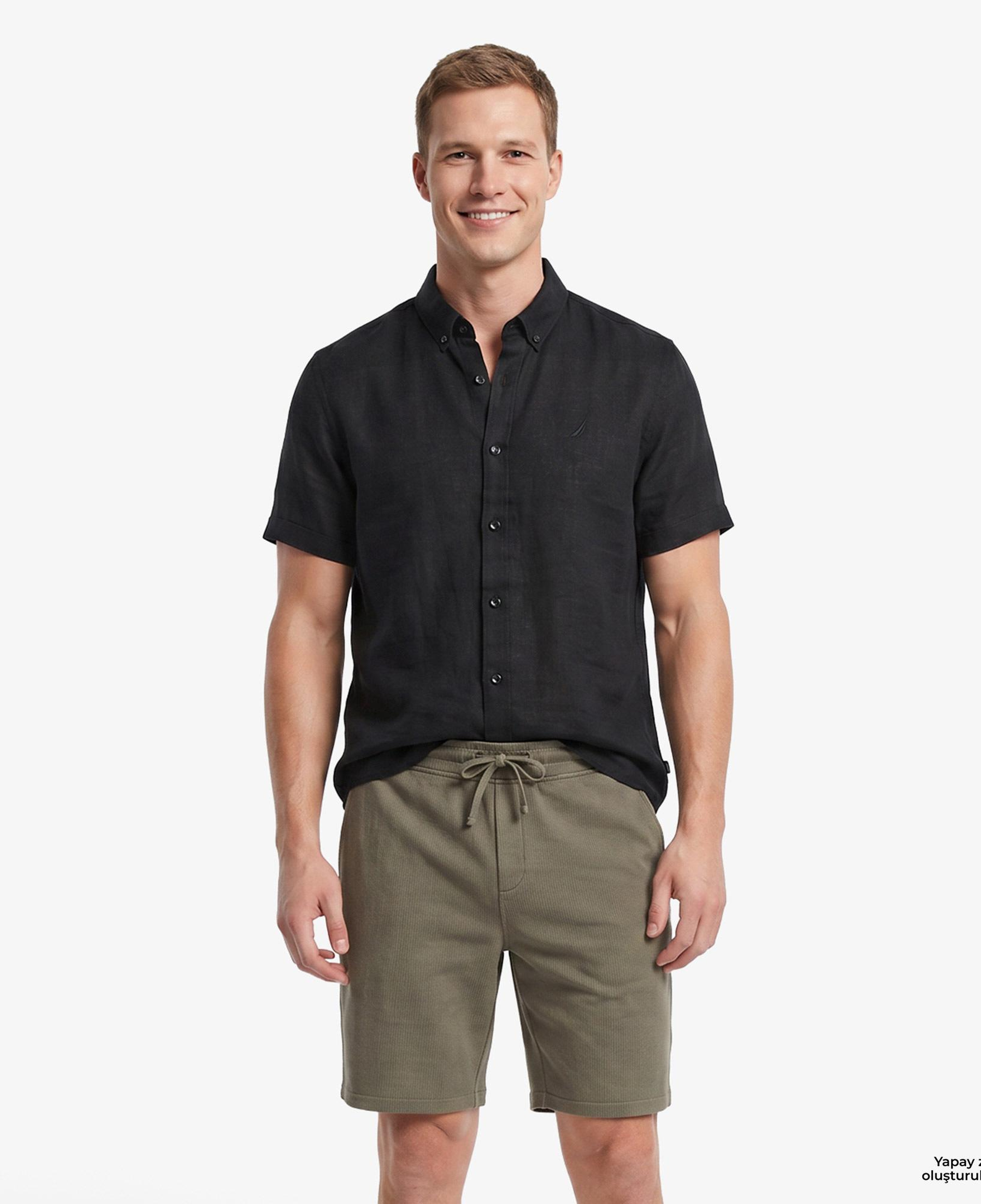 Nautica Erkek Siyah Regular Fit Kısa Kollu Keten Gömlek