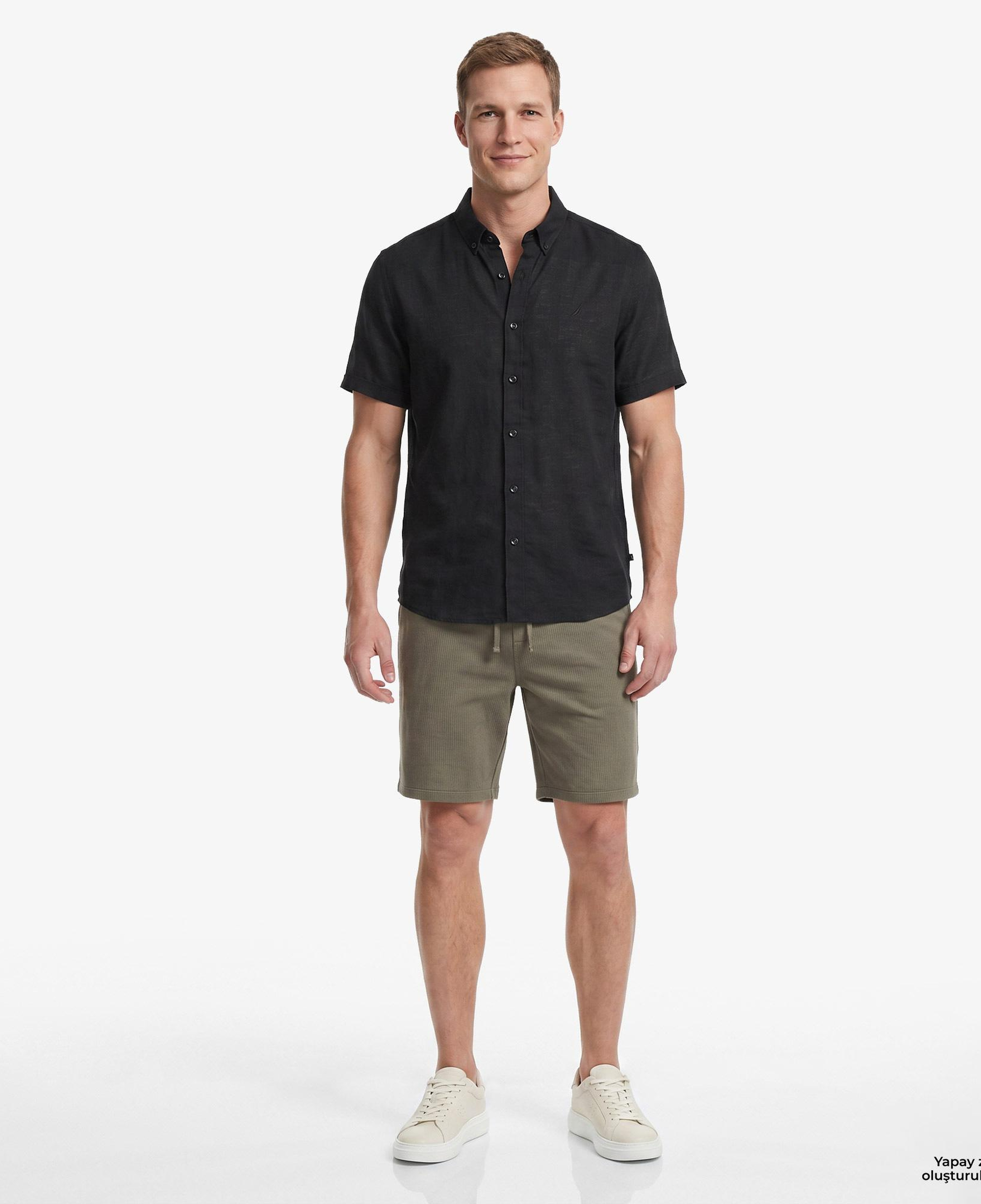 Nautica Erkek Siyah Regular Fit Kısa Kollu Keten Gömlek