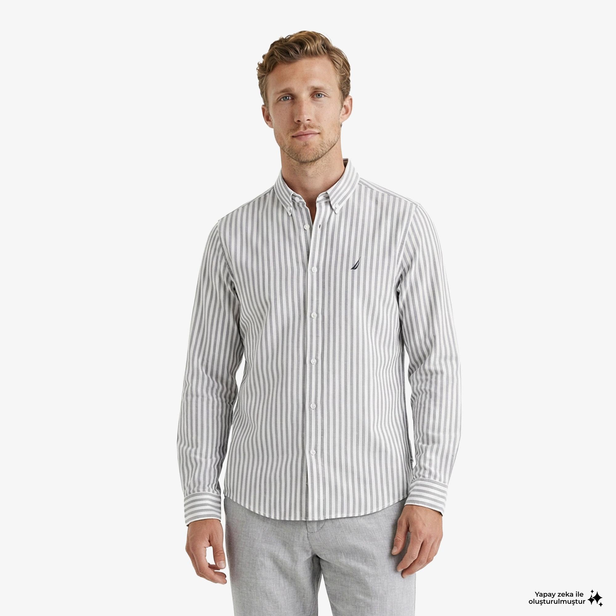 Nautica Erkek Lacivert Regular Fit Çizgili Gömlek