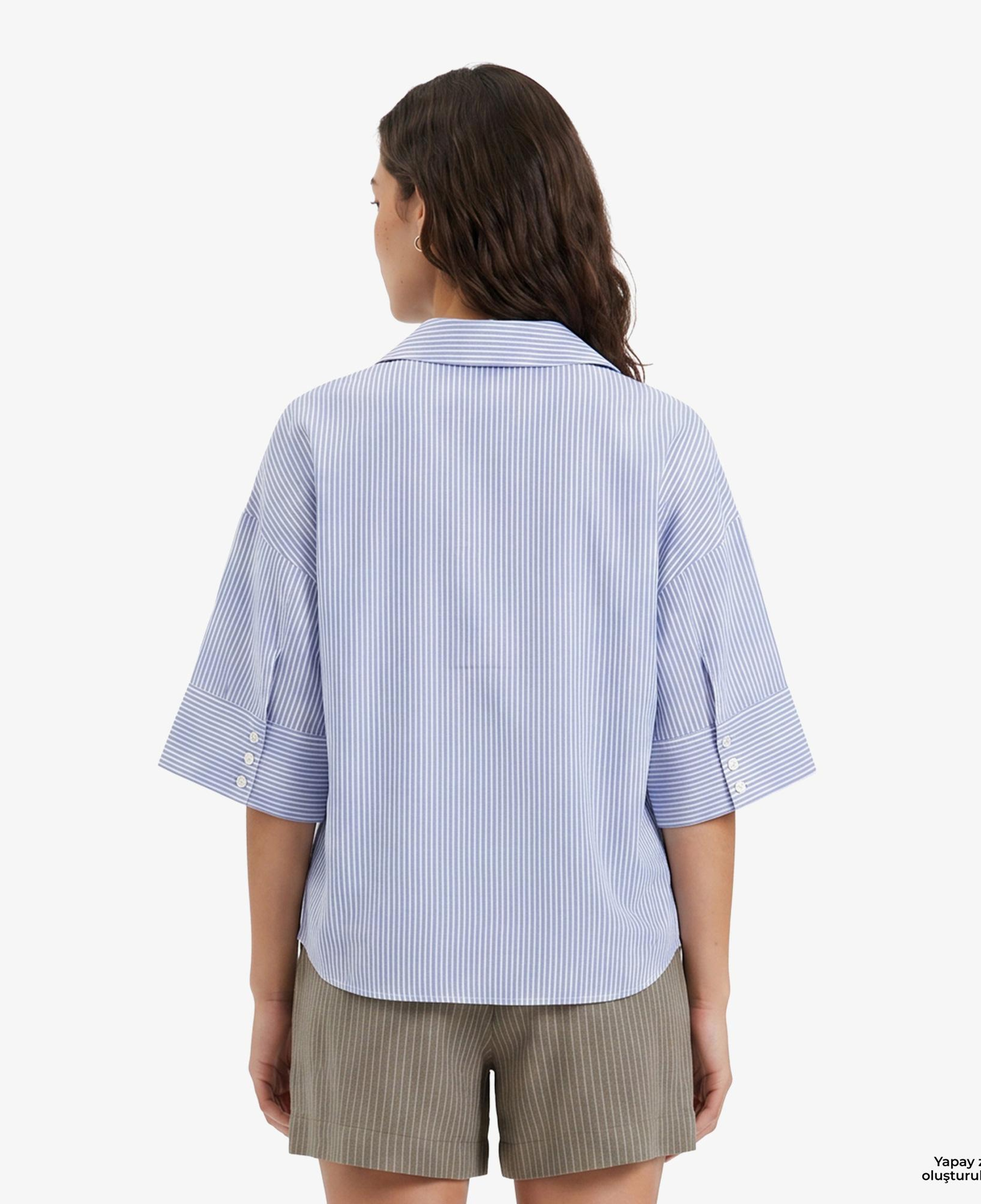 Nautica Kadın Mavi Regular Fit Kısa Kollu Çizgili Keten Gömlek