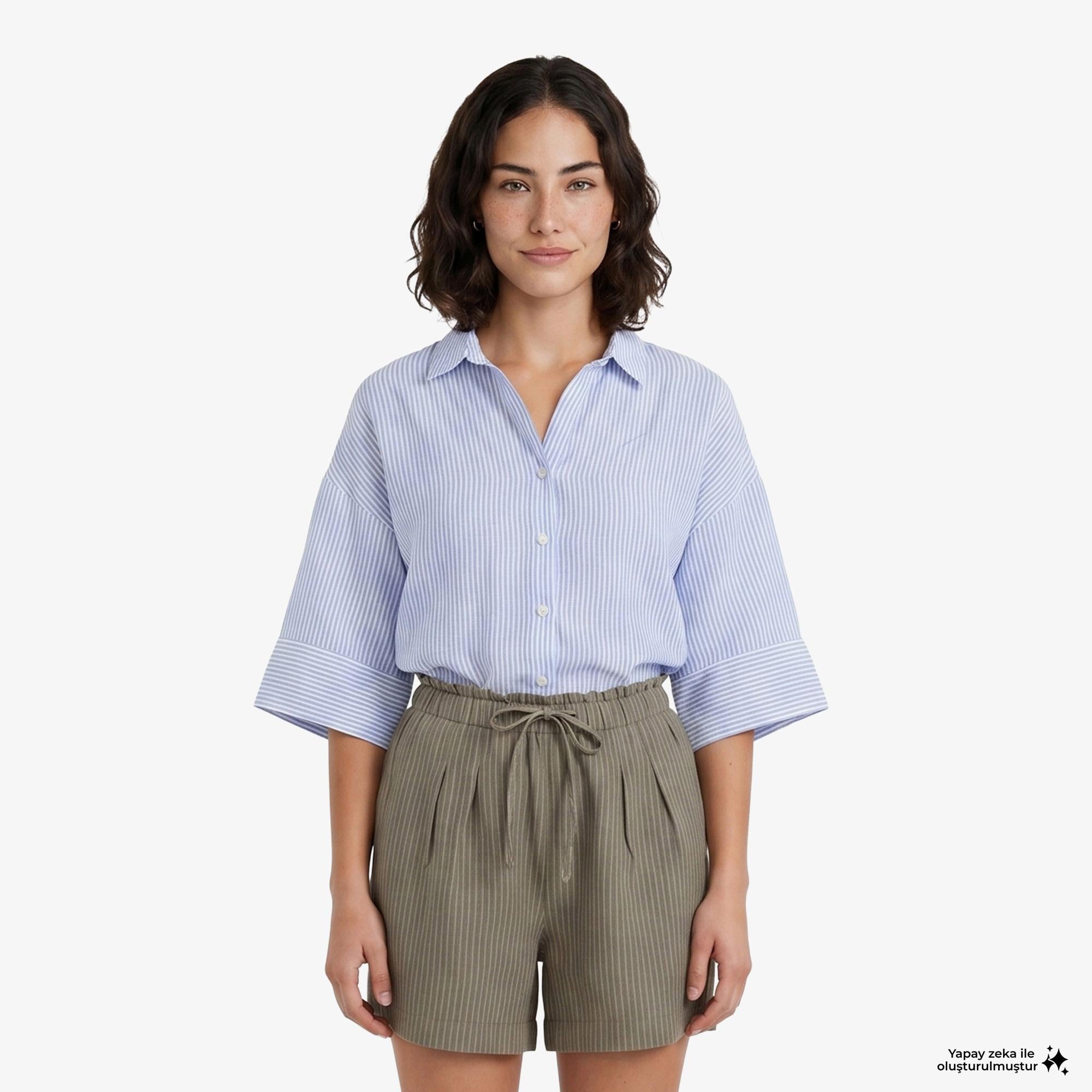 Nautica Kadın Mavi Regular Fit Kısa Kollu Çizgili Keten Gömlek