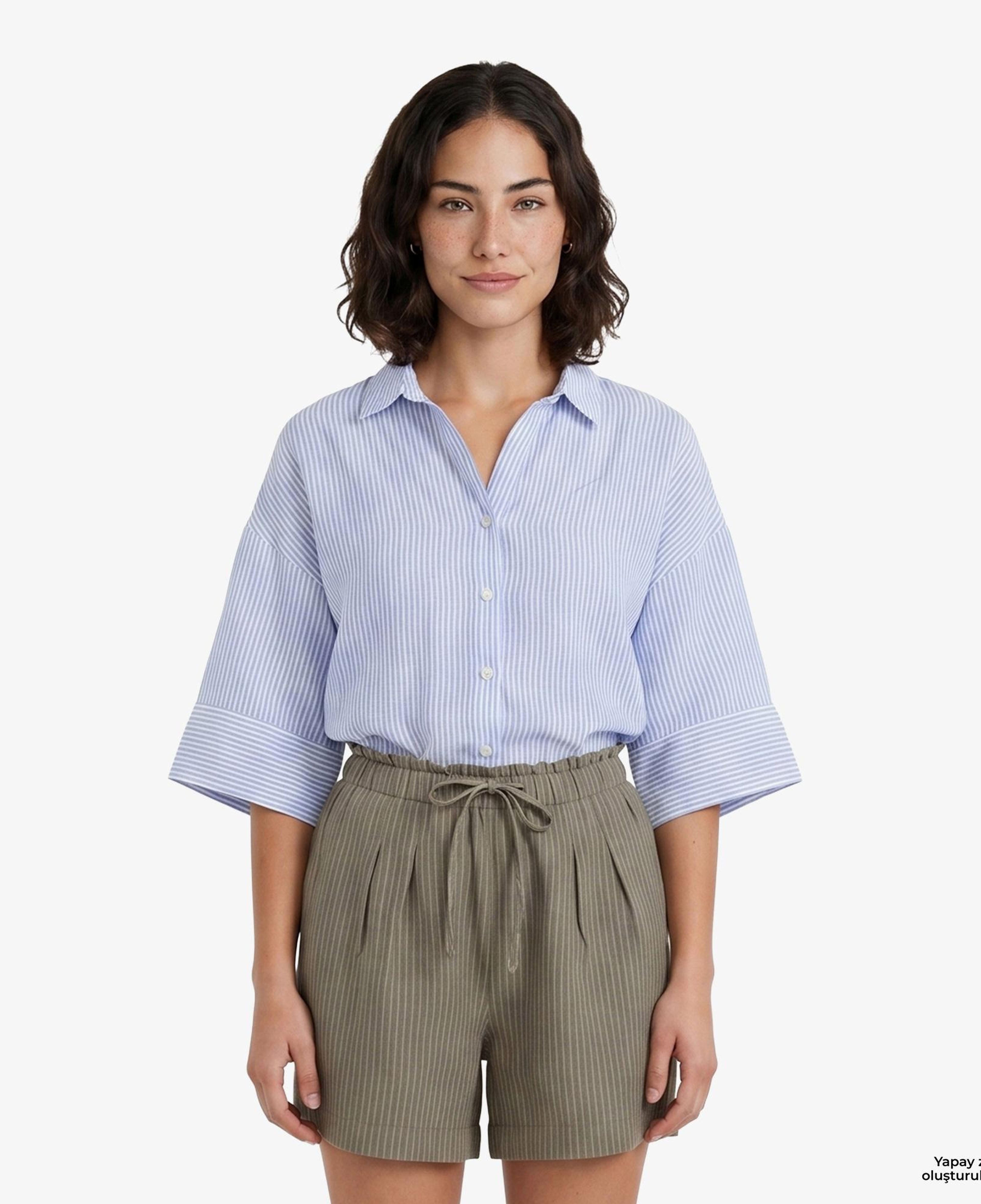 Nautica Kadın Mavi Regular Fit Kısa Kollu Çizgili Keten Gömlek