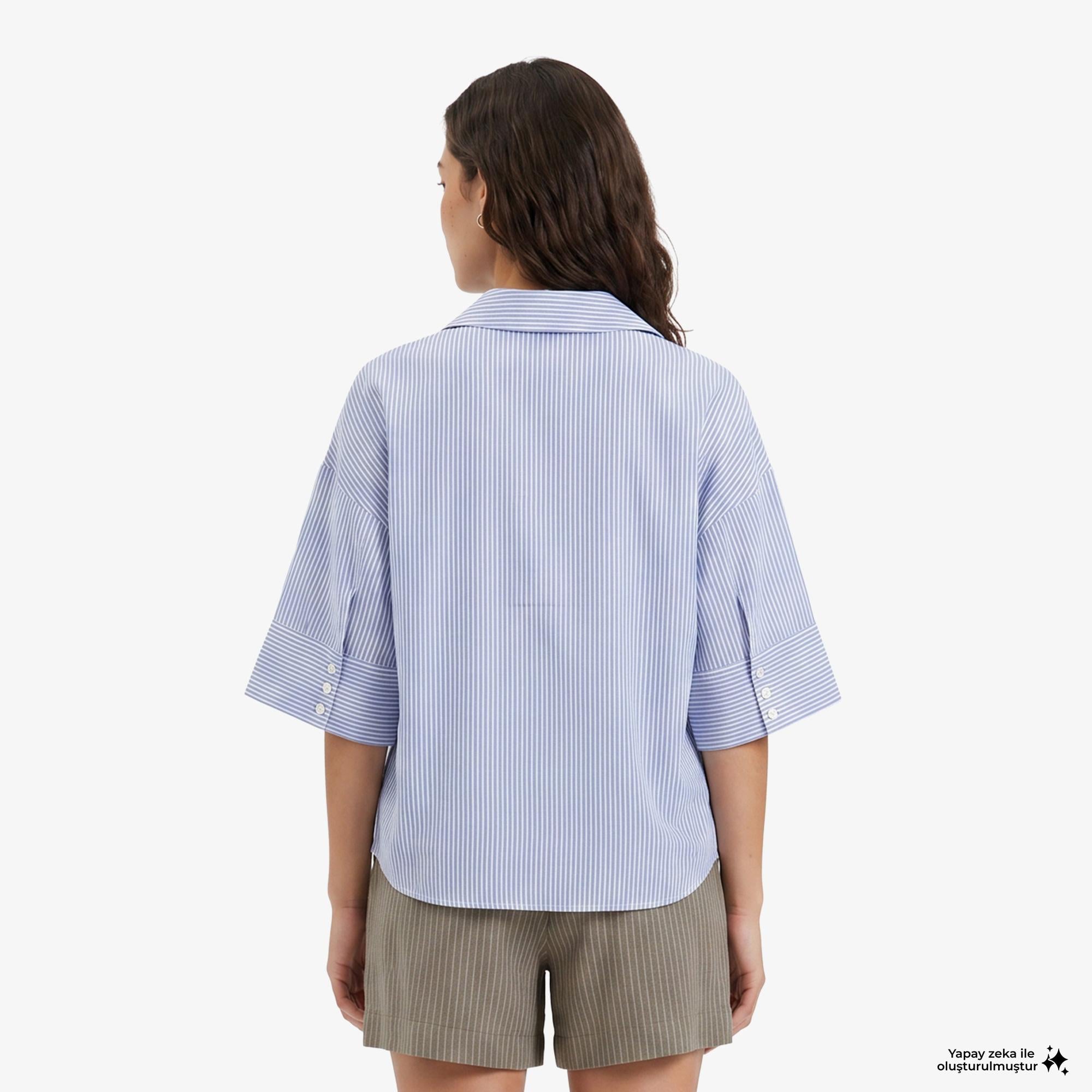 Nautica Kadın Mavi Regular Fit Kısa Kollu Çizgili Keten Gömlek