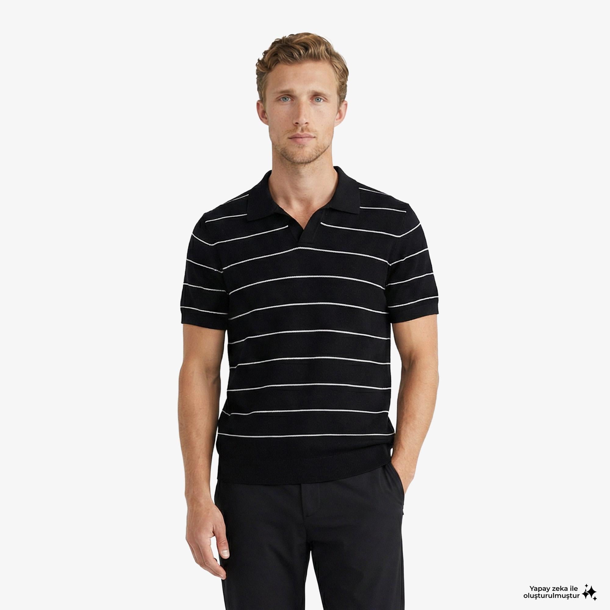 Nautica Erkek Siyah Regular Fit Kısa Kollu Çizgili Triko