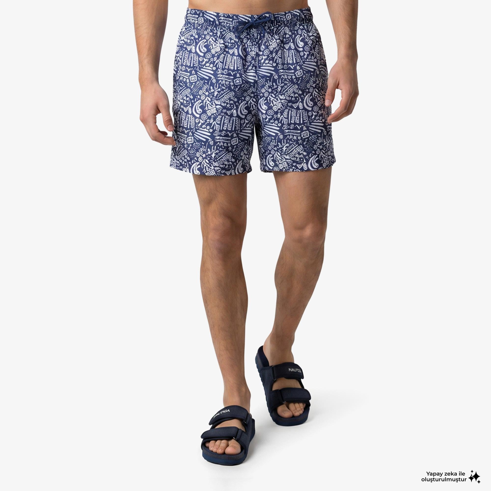 Nautica Erkek Lacivert Regular Fit Desenli Deniz Şortu