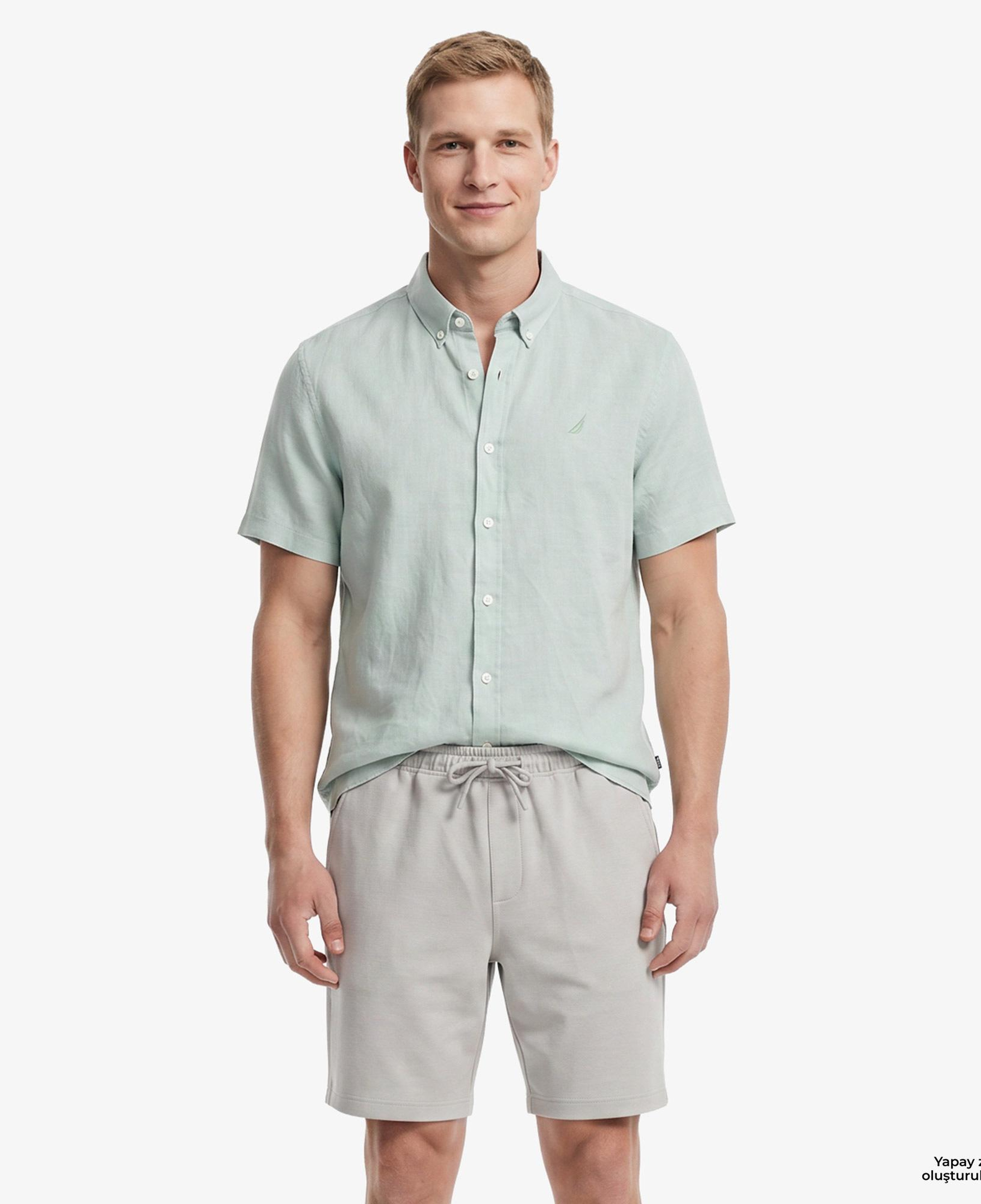 Nautica Erkek Yeşil Regular Fit Kısa Kollu Keten Gömlek