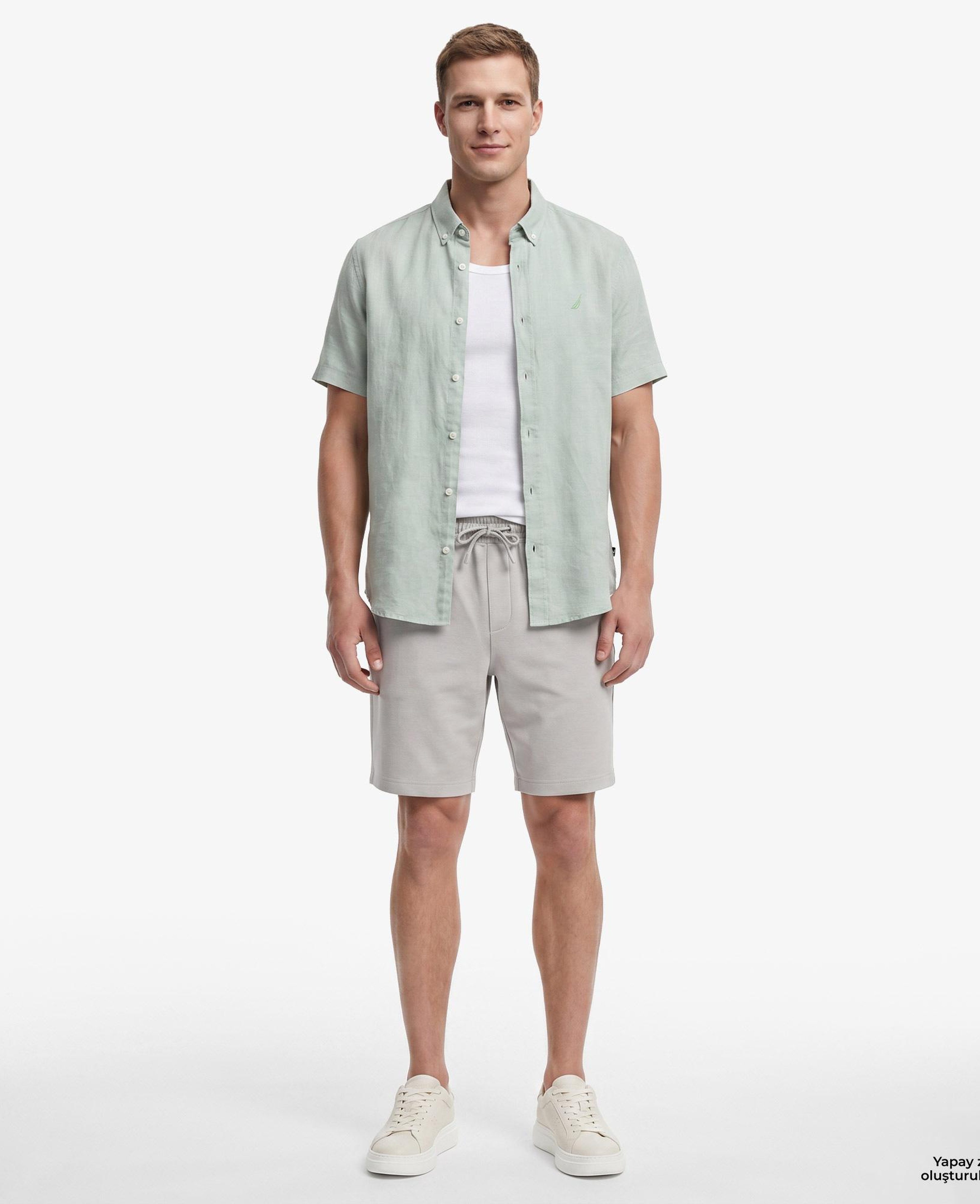 Nautica Erkek Yeşil Regular Fit Kısa Kollu Keten Gömlek