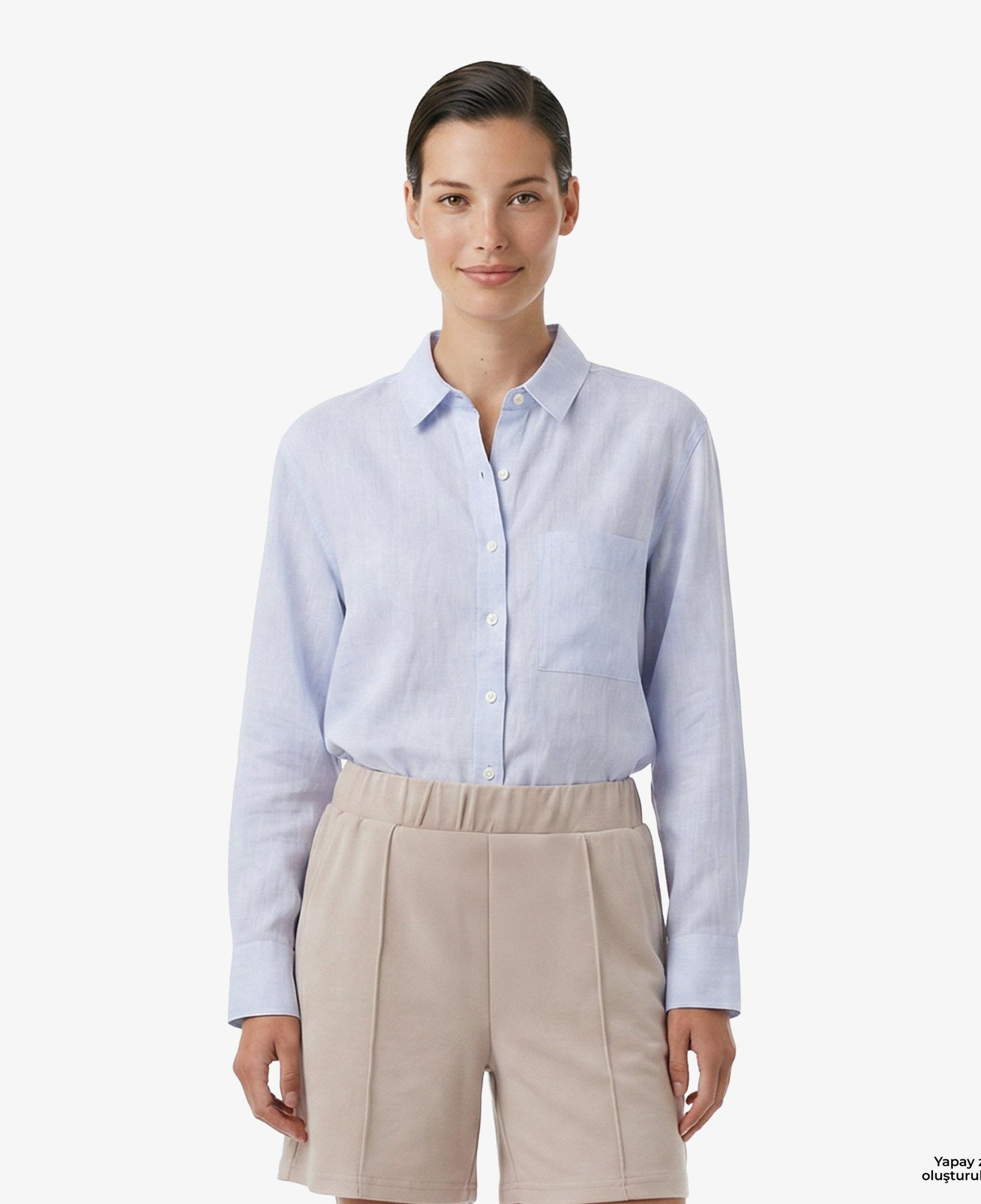 Nautica Kadın Mavi Regular Fit Keten Gömlek