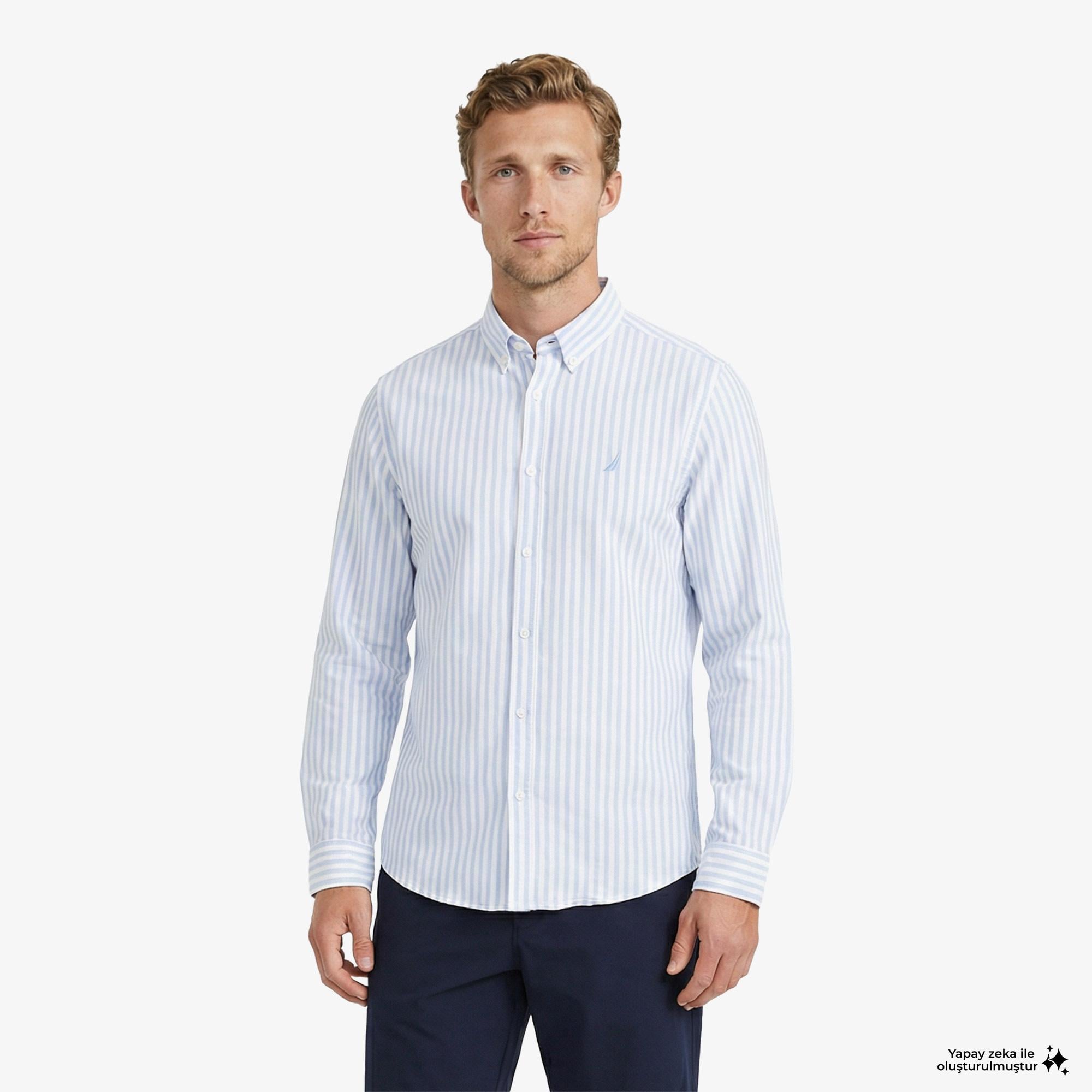 Nautica Erkek Mavi Regular Fit Çizgili Gömlek