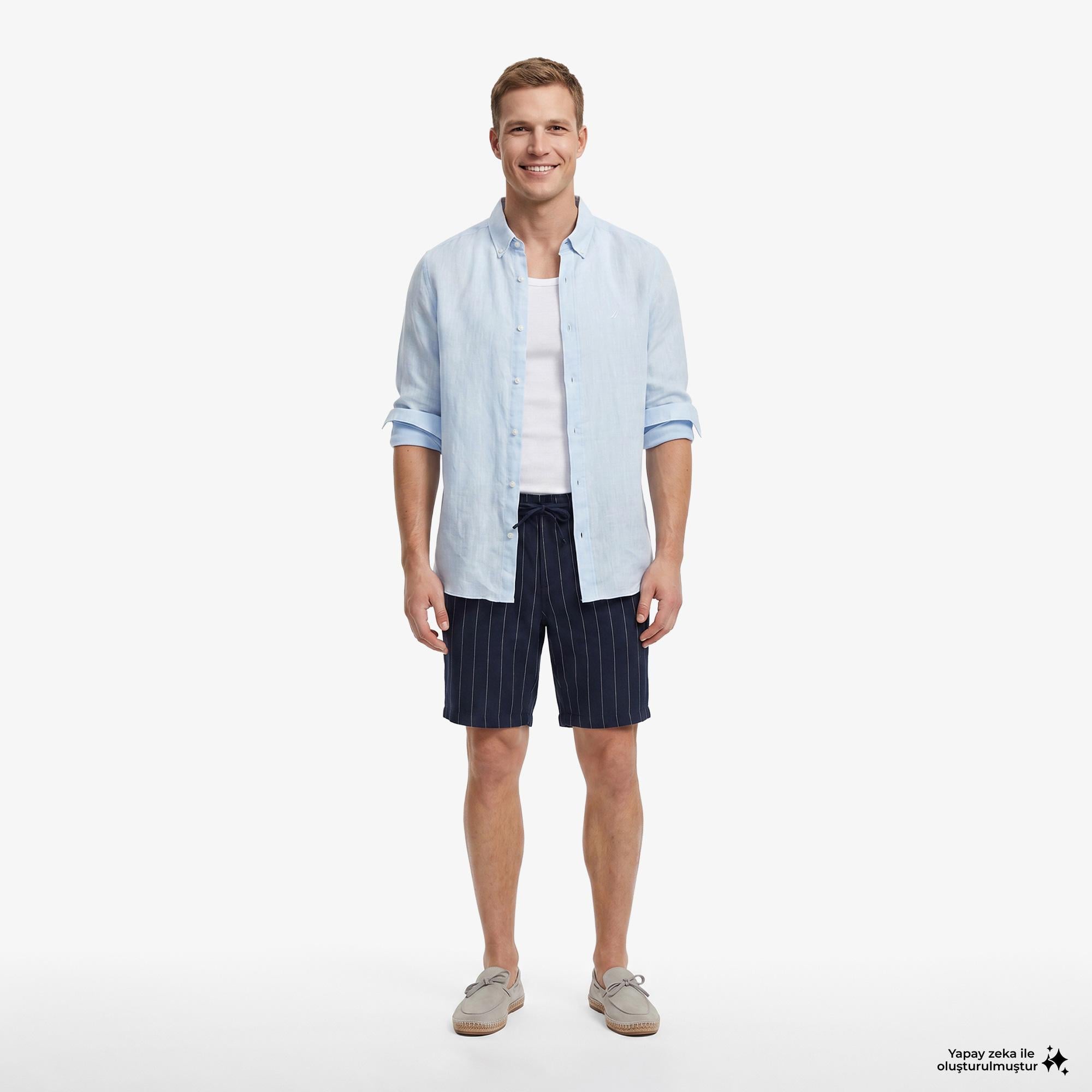 Nautica Erkek Lacivert Regular Fit Çizgili Keten Şort