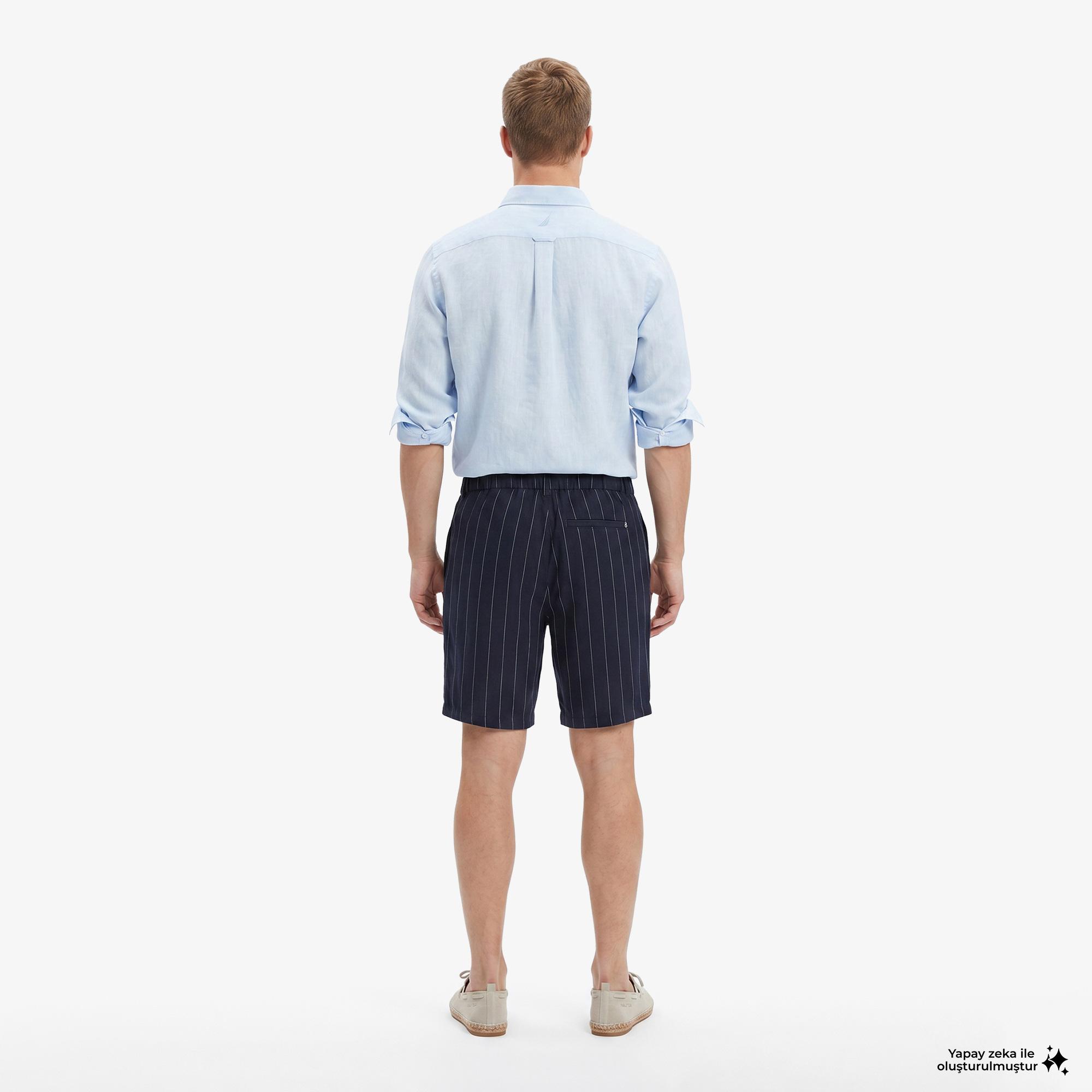 Nautica Erkek Lacivert Regular Fit Çizgili Keten Şort