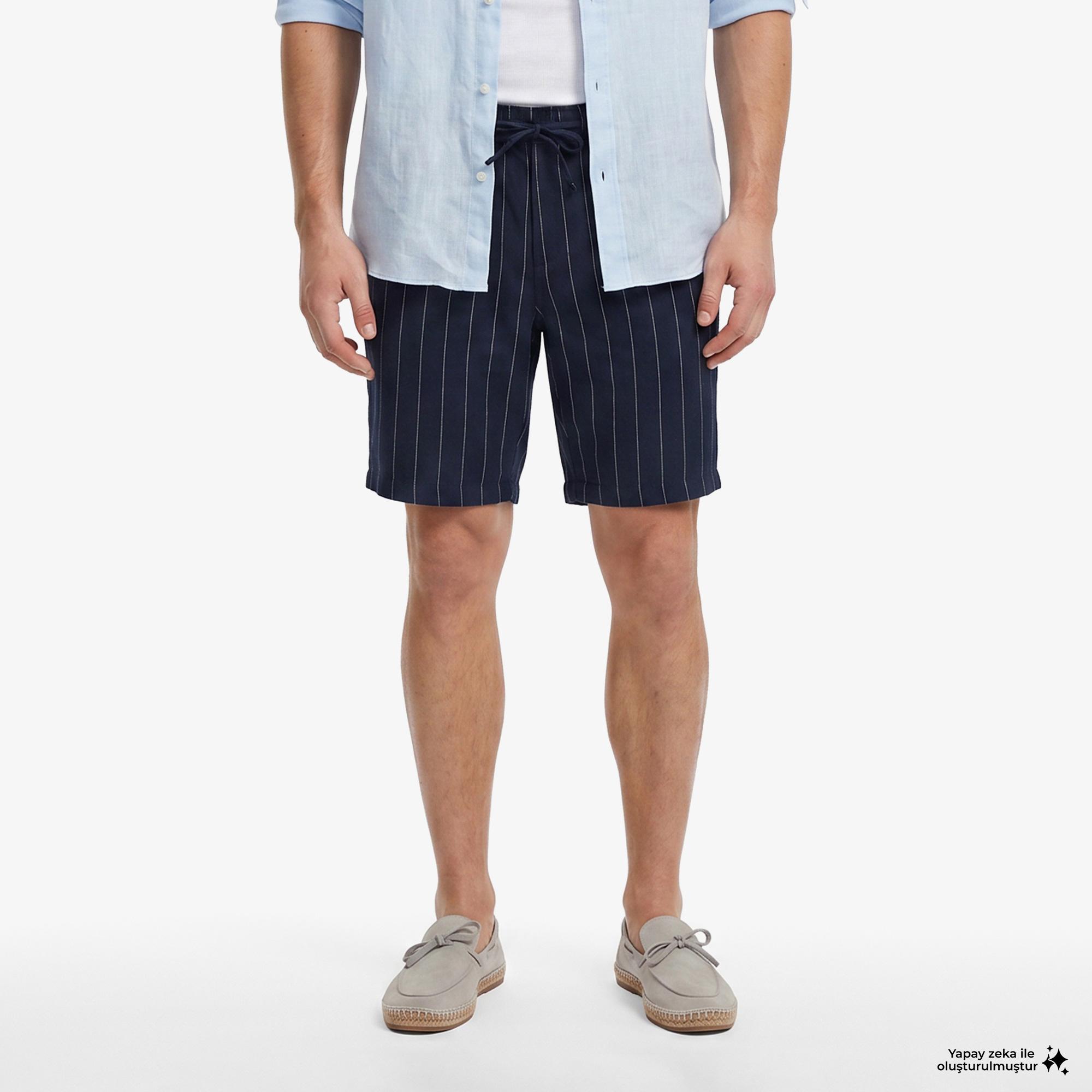 Nautica Erkek Lacivert Regular Fit Çizgili Keten Şort