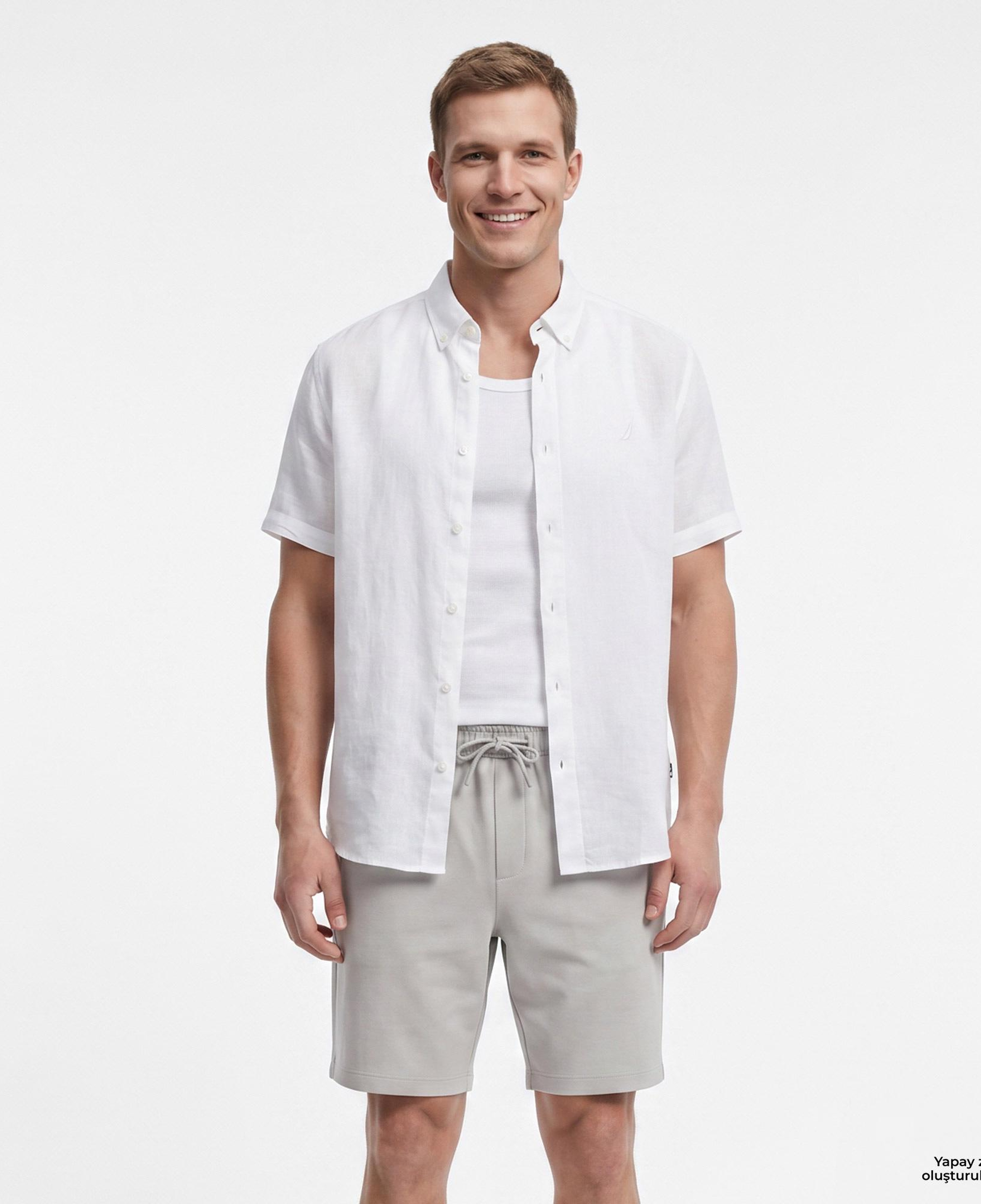 Nautica Erkek Beyaz Regular Fit Kısa Kollu Keten Gömlek
