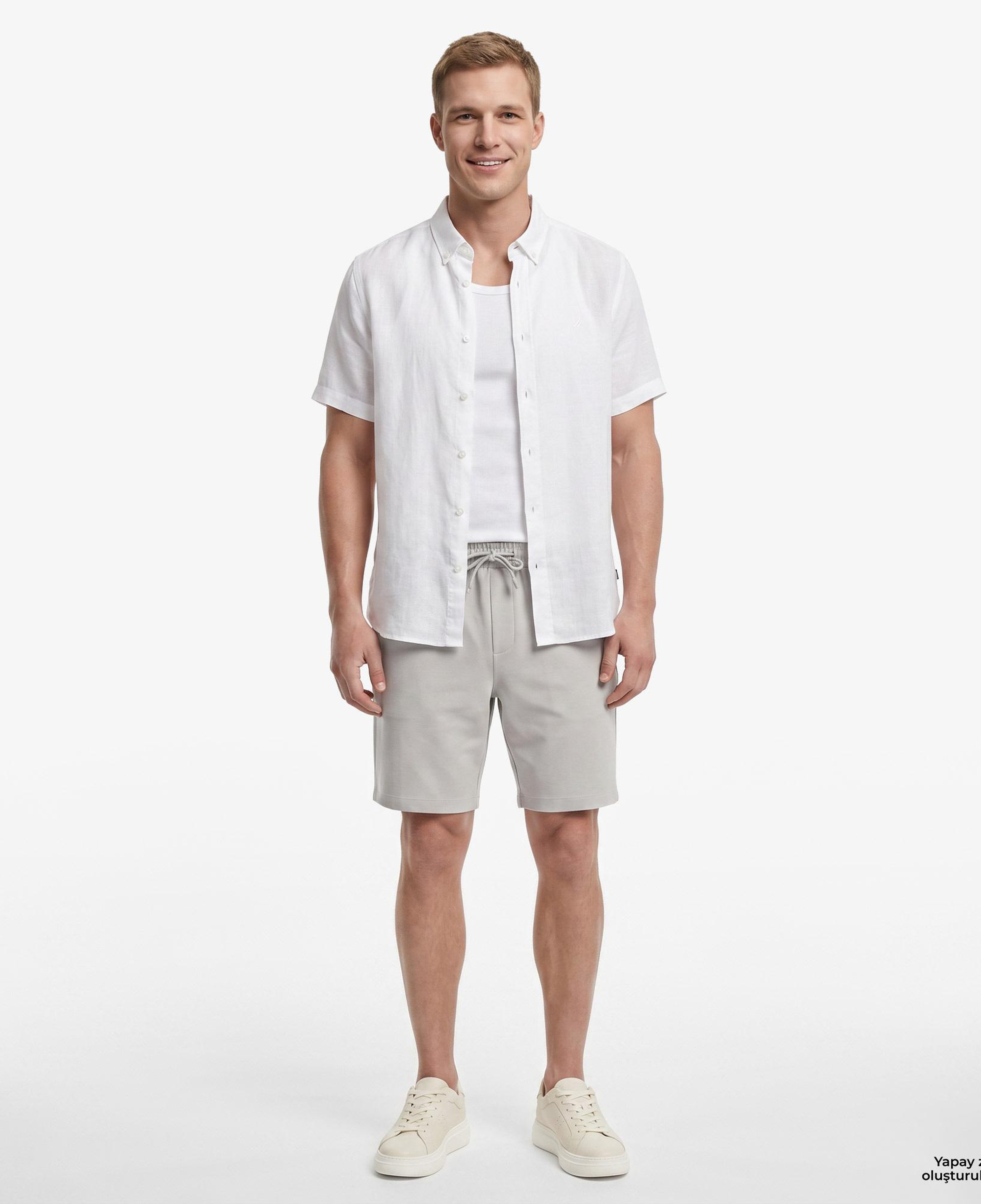 Nautica Erkek Beyaz Regular Fit Kısa Kollu Keten Gömlek