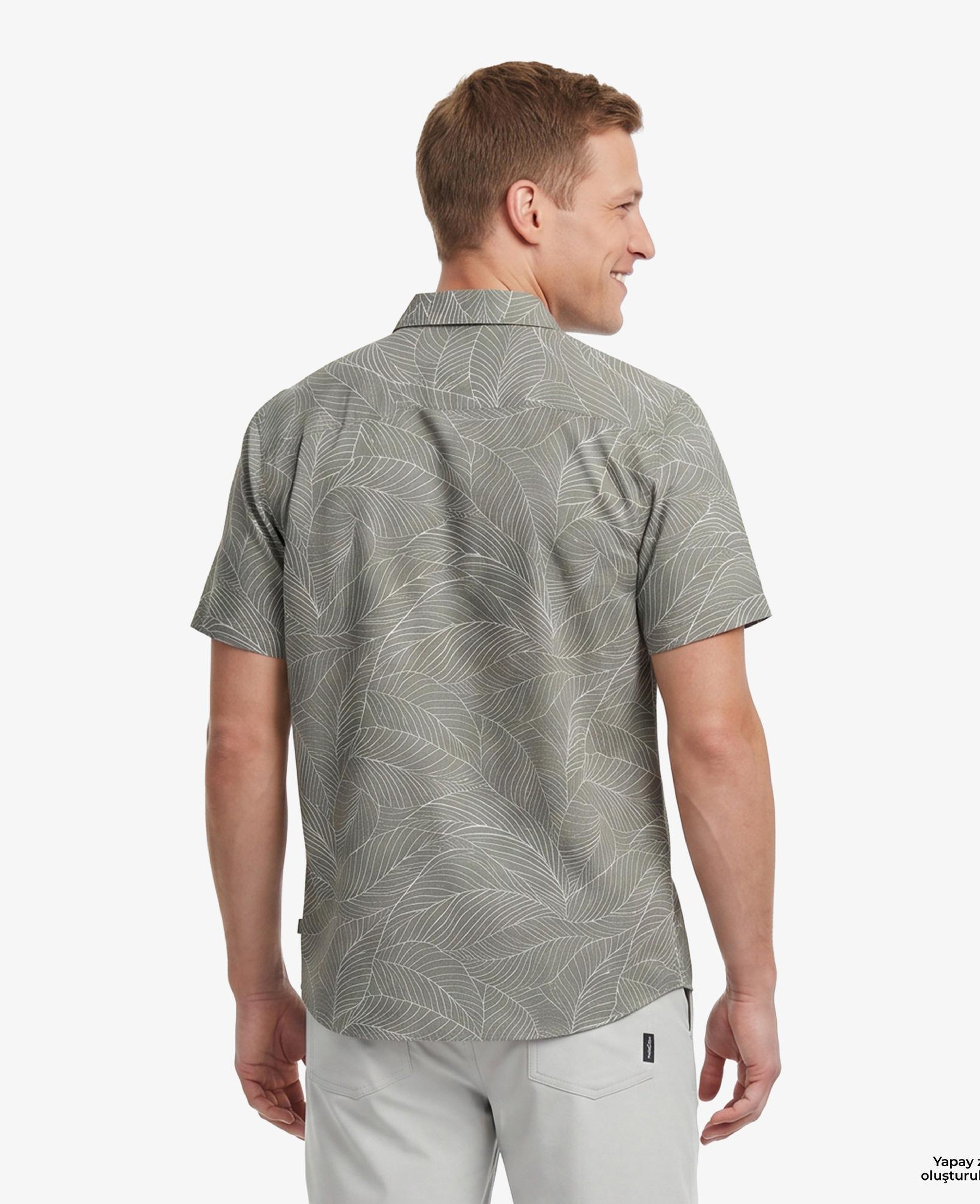 Nautica Erkek Yeşil Regular Fit Kısa Kollu Desenli Keten Gömlek