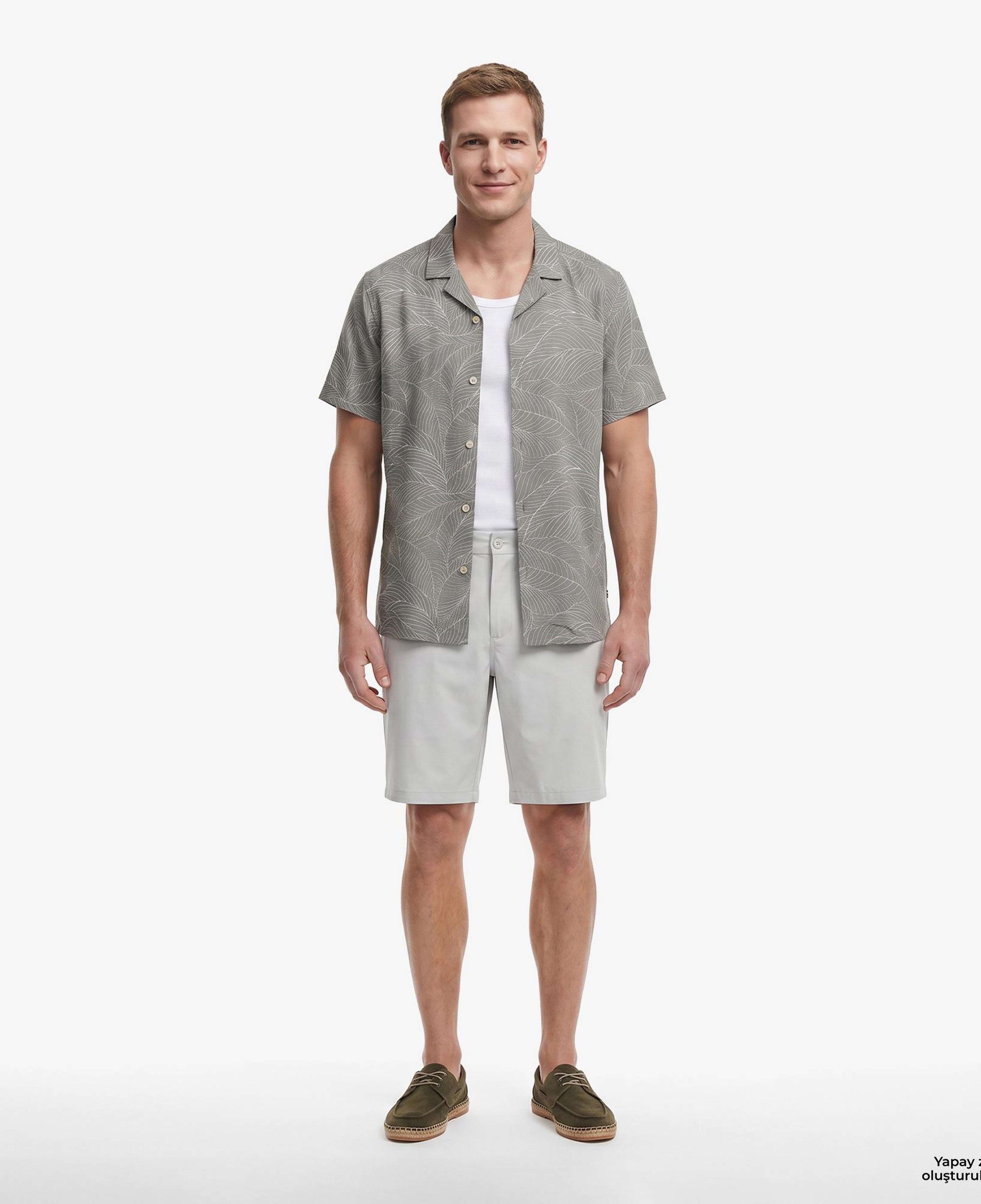 Nautica Erkek Yeşil Regular Fit Kısa Kollu Desenli Keten Gömlek