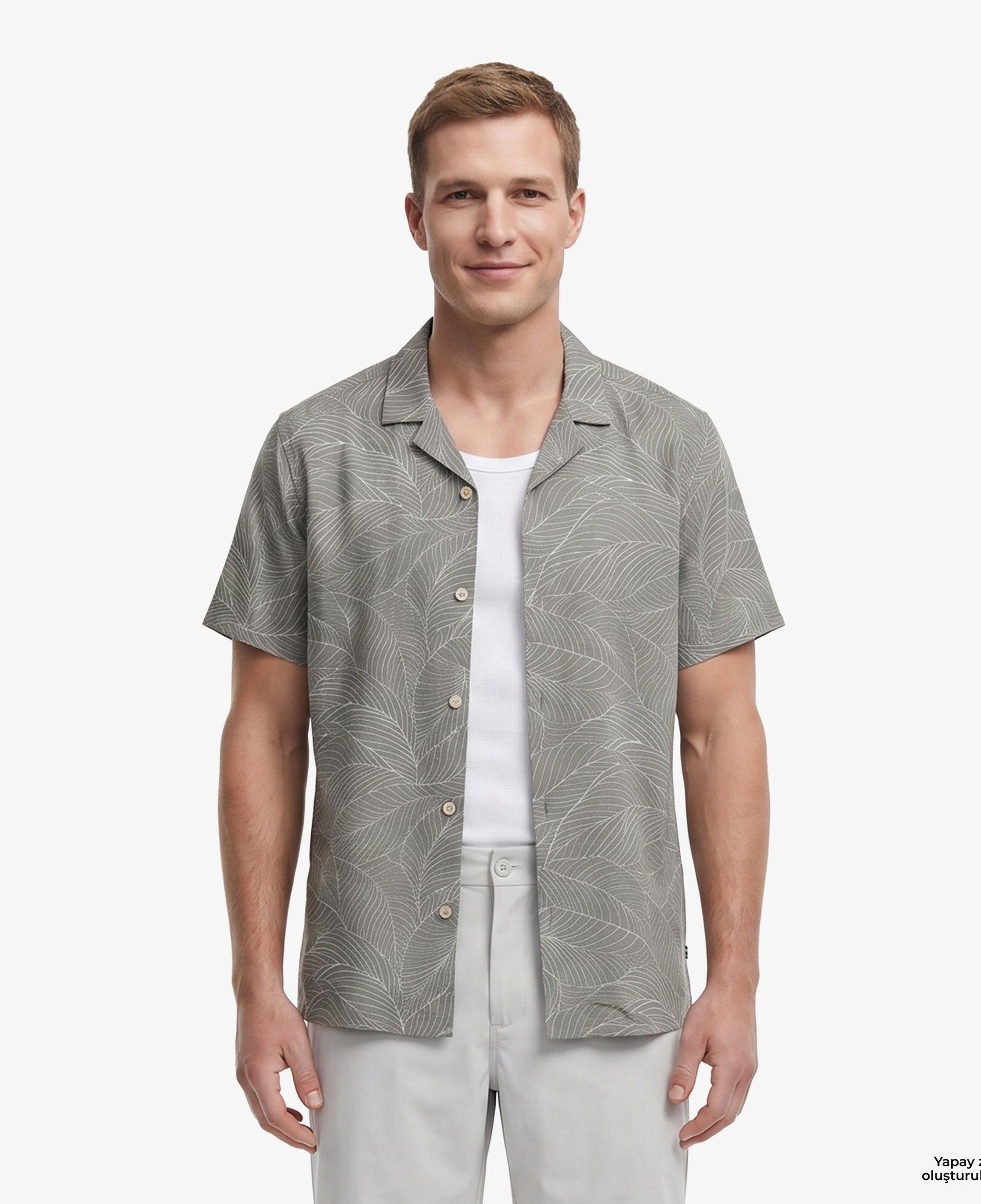 Nautica Erkek Yeşil Regular Fit Kısa Kollu Desenli Keten Gömlek