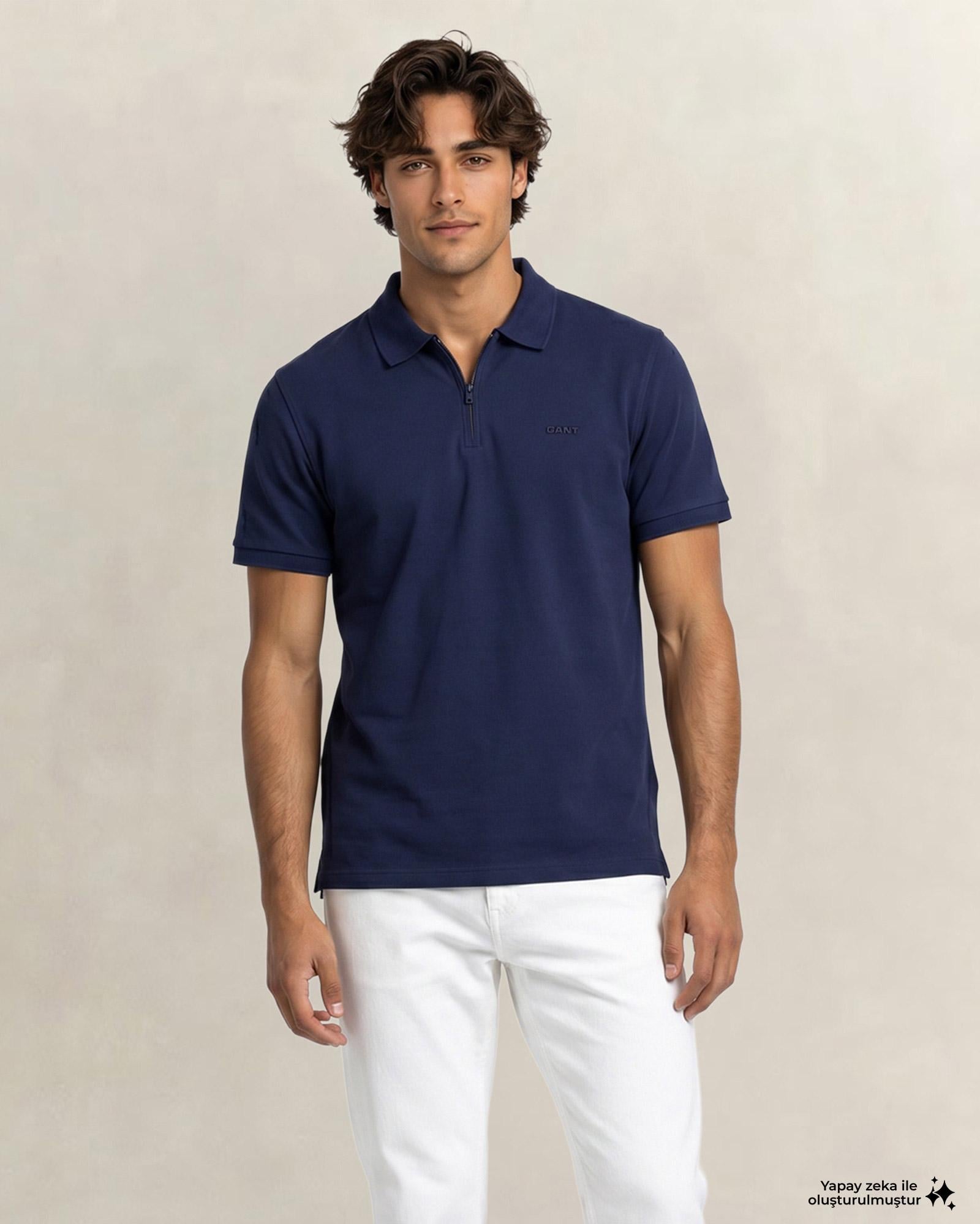 GANT Erkek Lacivert Regular Fit Yarım Fermuarlı Polo Yaka T-Shirt