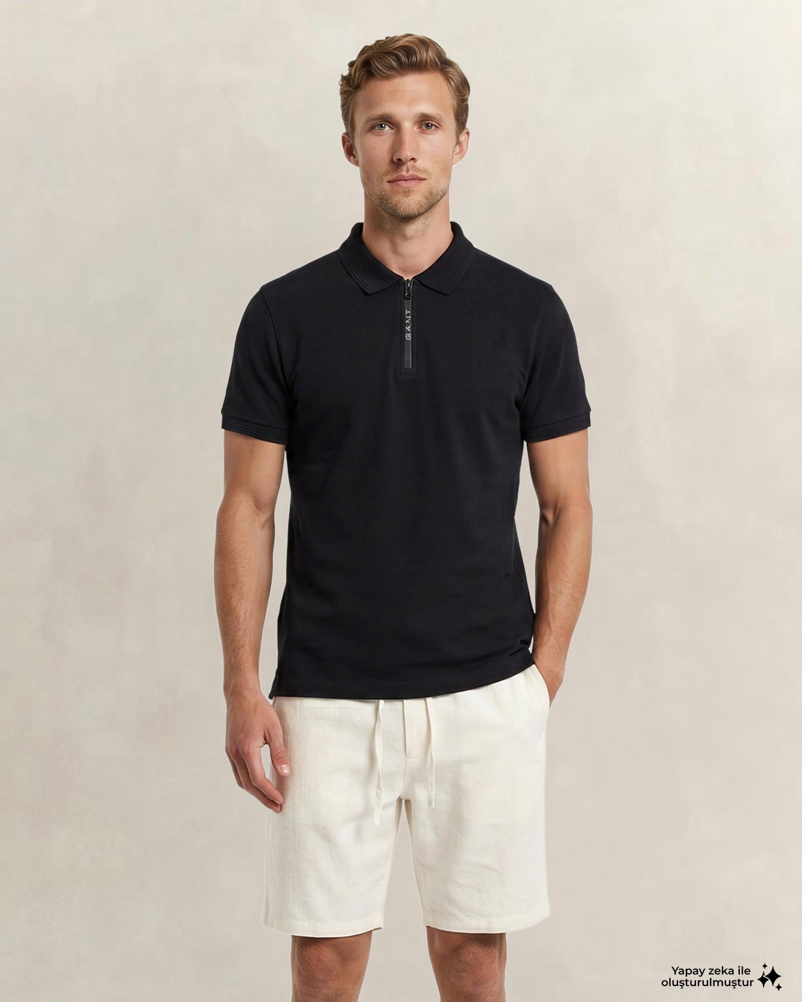 GANT Erkek Siyah Regular Fit Yarım Fermuarlı Polo Yaka T-Shirt