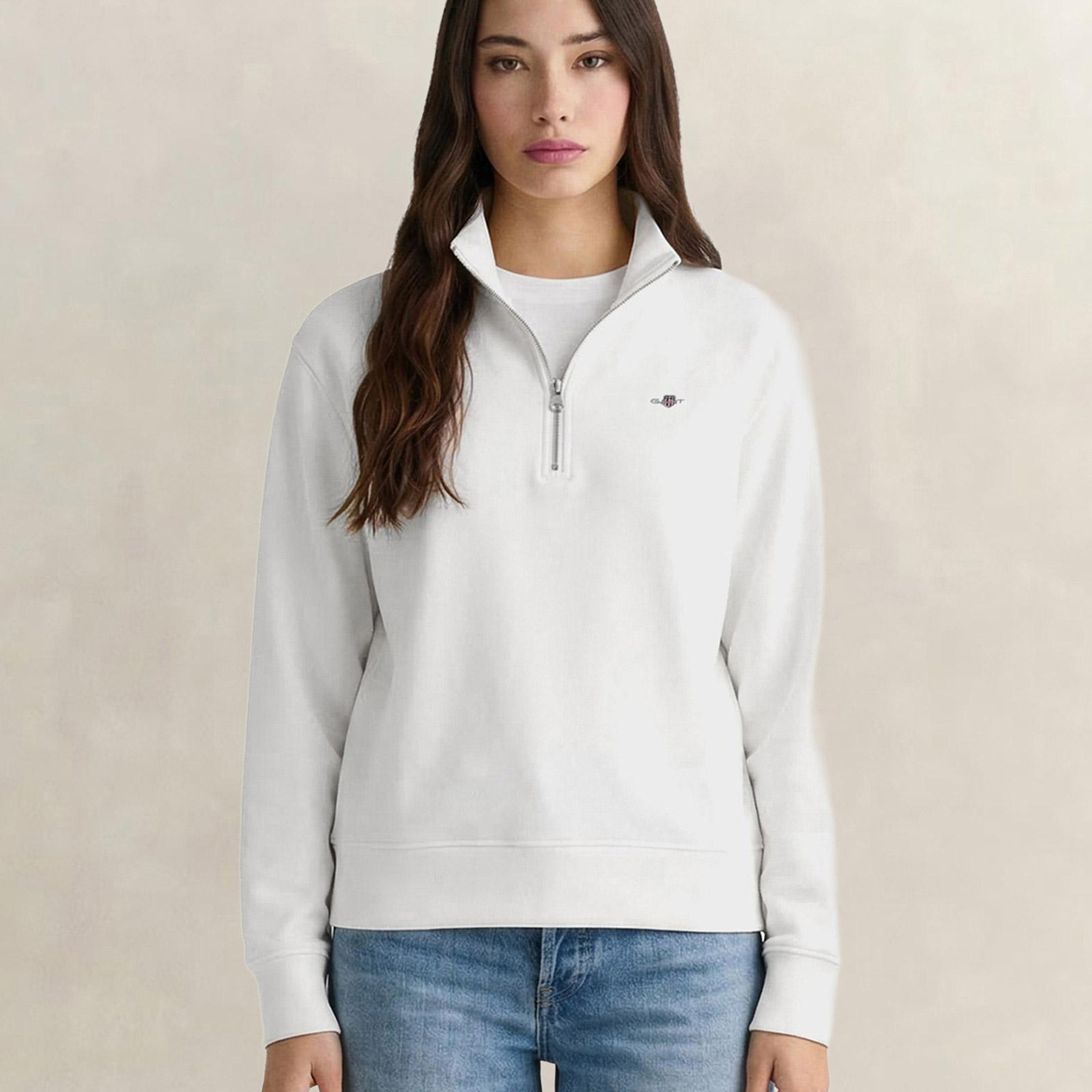 GANT Kadın Beyaz Relaxed Fit Yarım Fermuarlı Logolu Sweatshirt