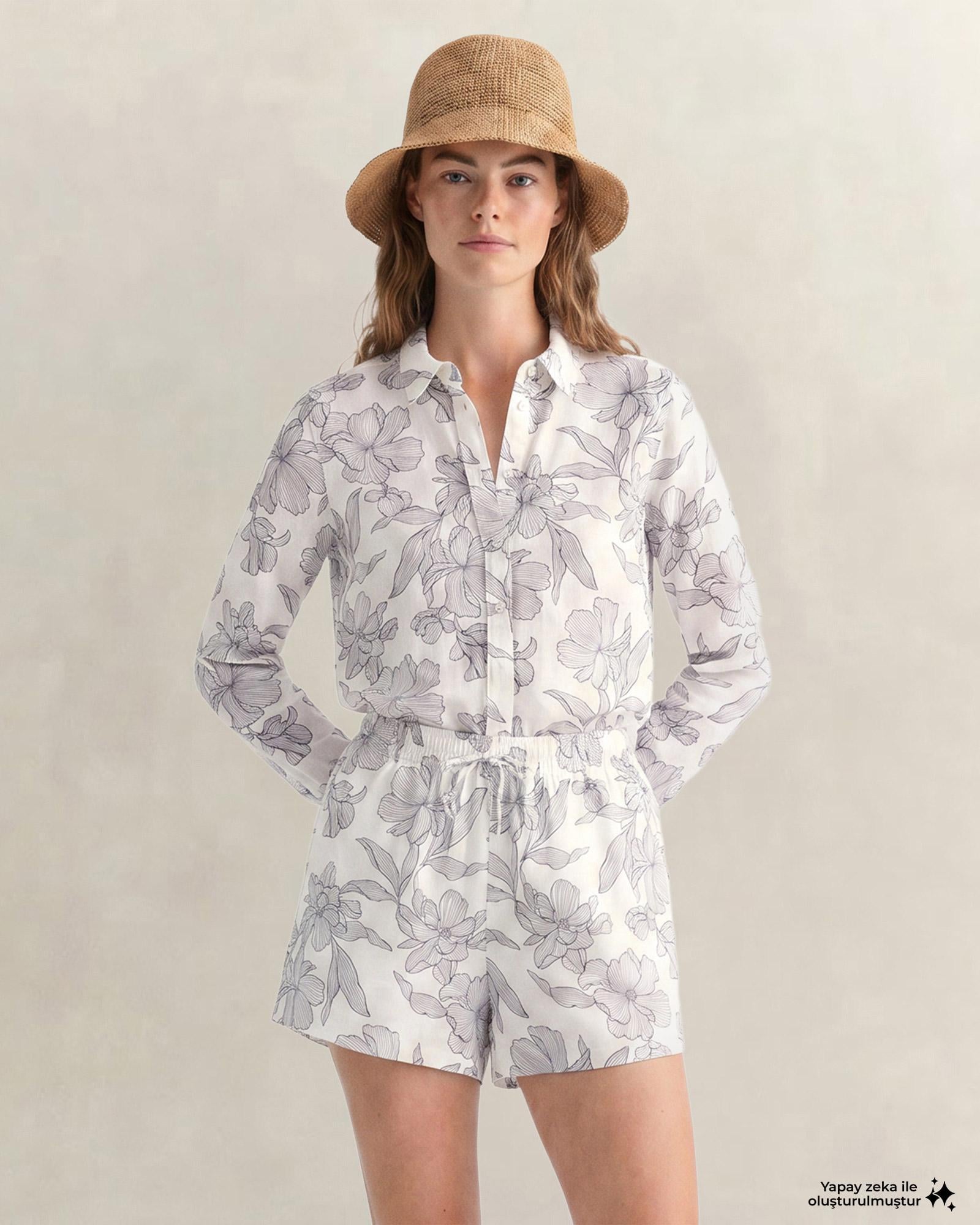 GANT Kadın Beyaz Regular Fit Çiçek Desenli Gömlek